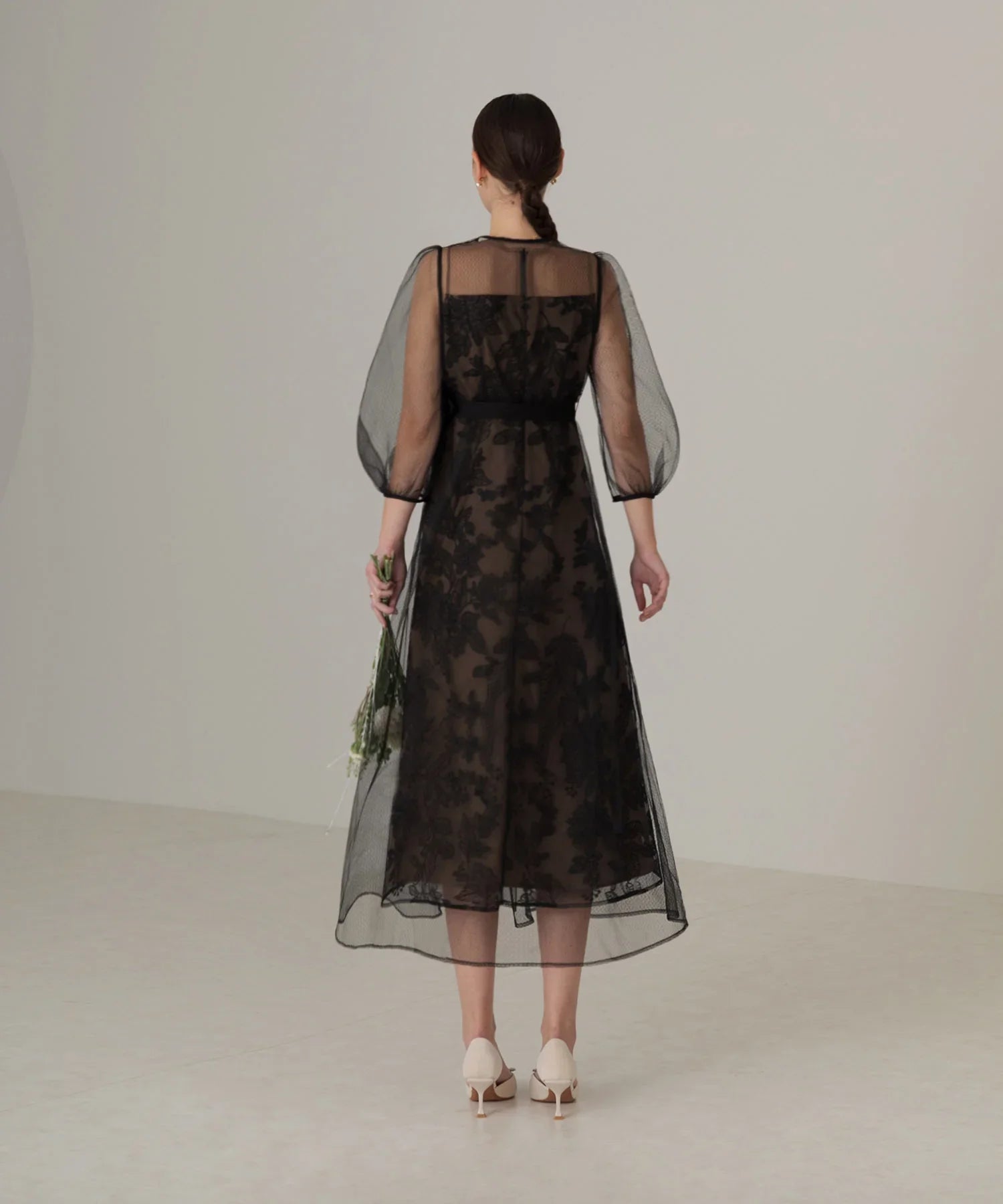 【当日発送】チュールパイピングリーフベルトAラインワンピースドレス