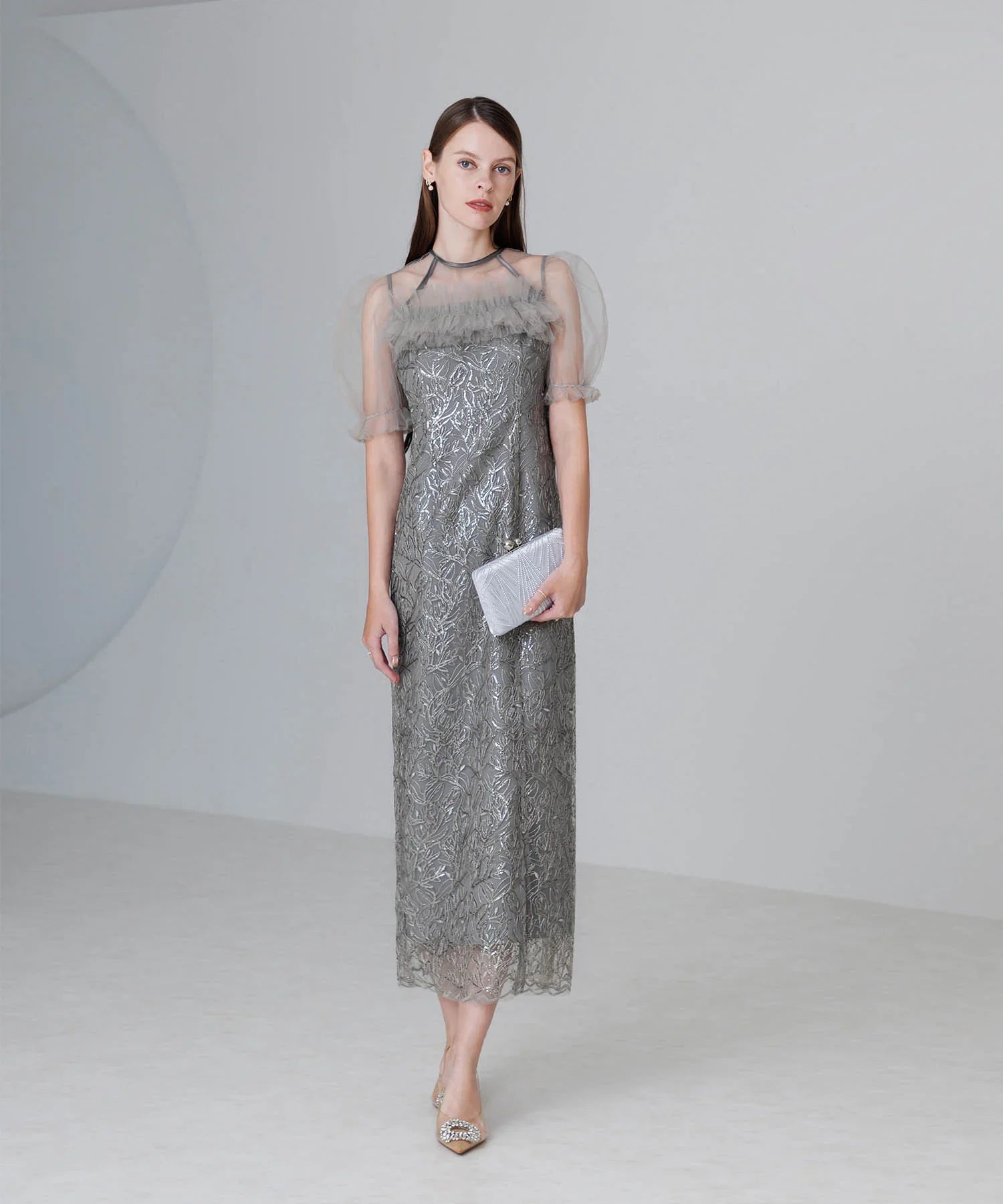 【当日発送】チュールフラワースパンコールIラインワンピースドレス