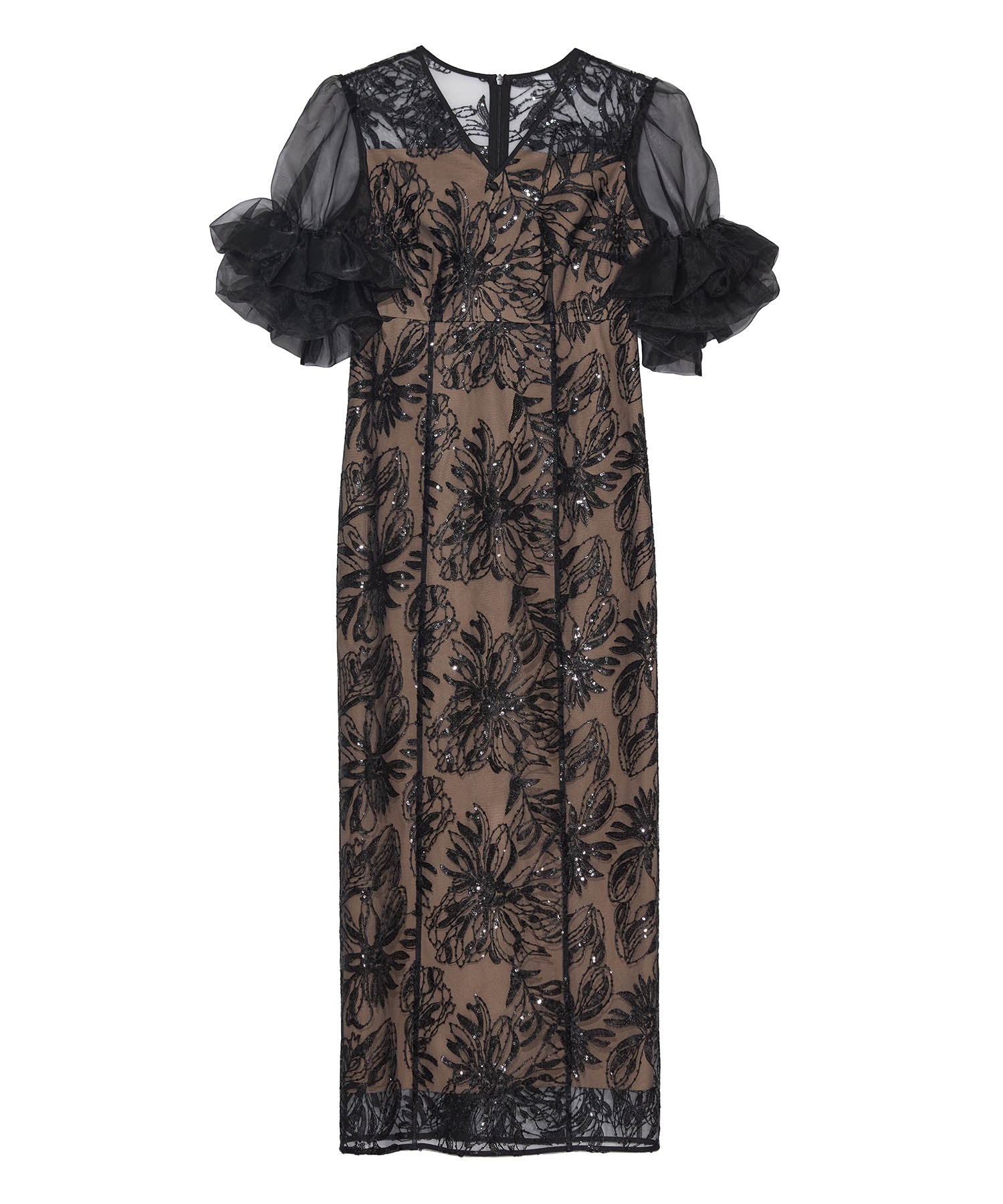 【当日発送】オーガンジーフリルスリーブフラワースパンコールIラインワンピースドレス