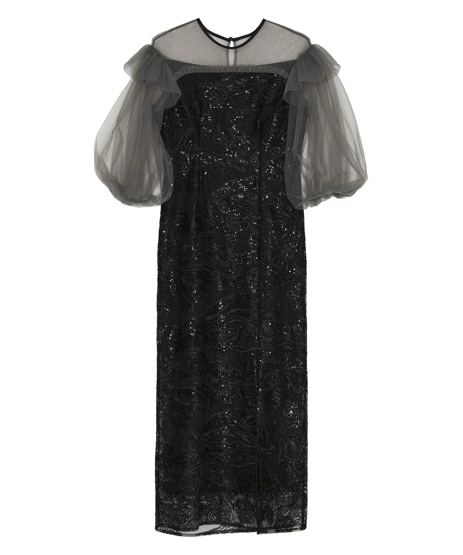 【一部当日発送】フラワースパンコールシアーフリルスリーブIラインワンピースドレス