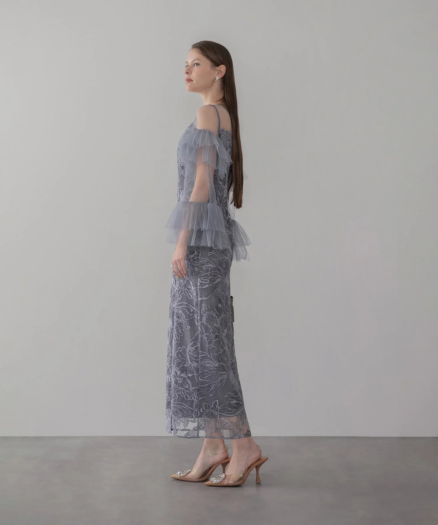 【当日発送】フリルチュールスリーブレースIラインワンピースドレス