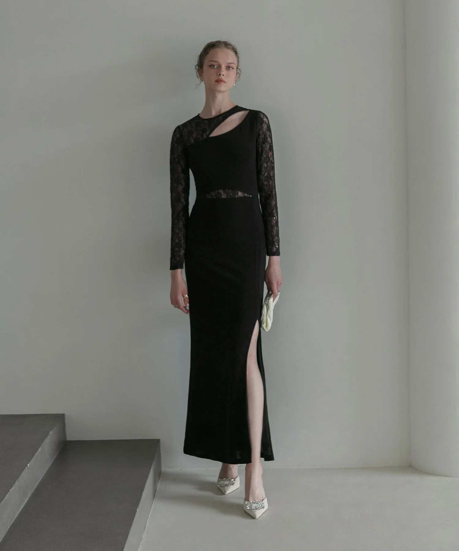 【LEJA LUXE】アシンメトリーレーススリムフィットIラインドレス