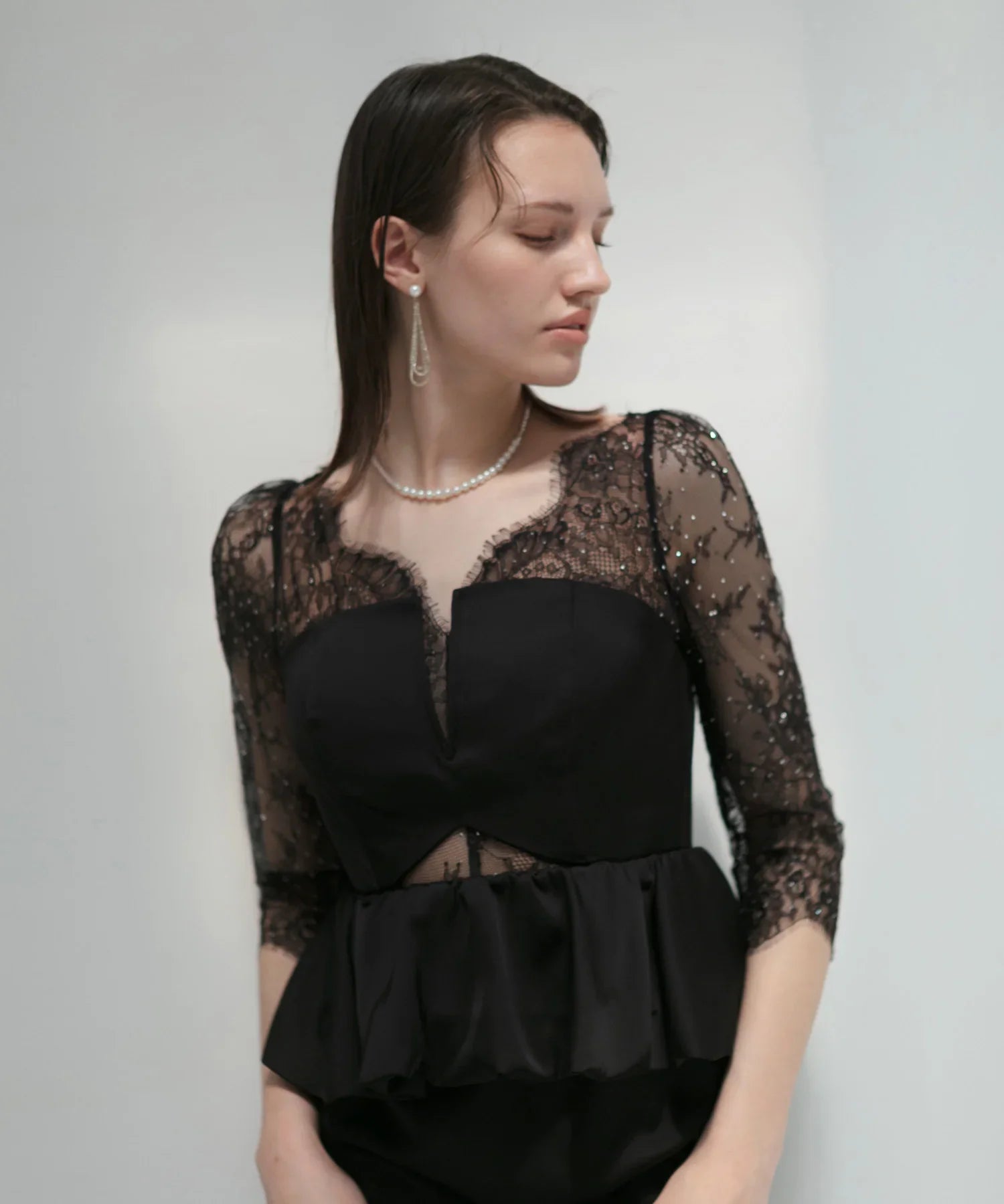【LEJA LUXE】Lace stone peplum mermaid dress