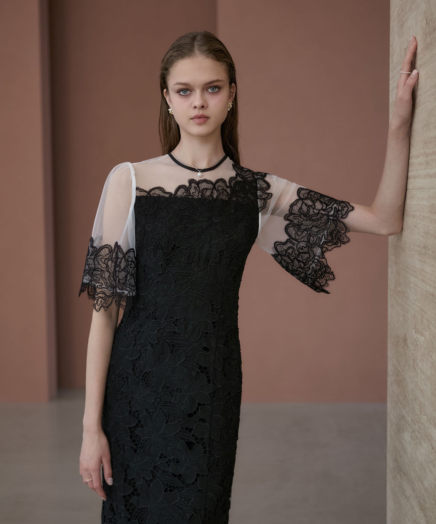 【当日発送】シアーレースフラワーIラインドレス