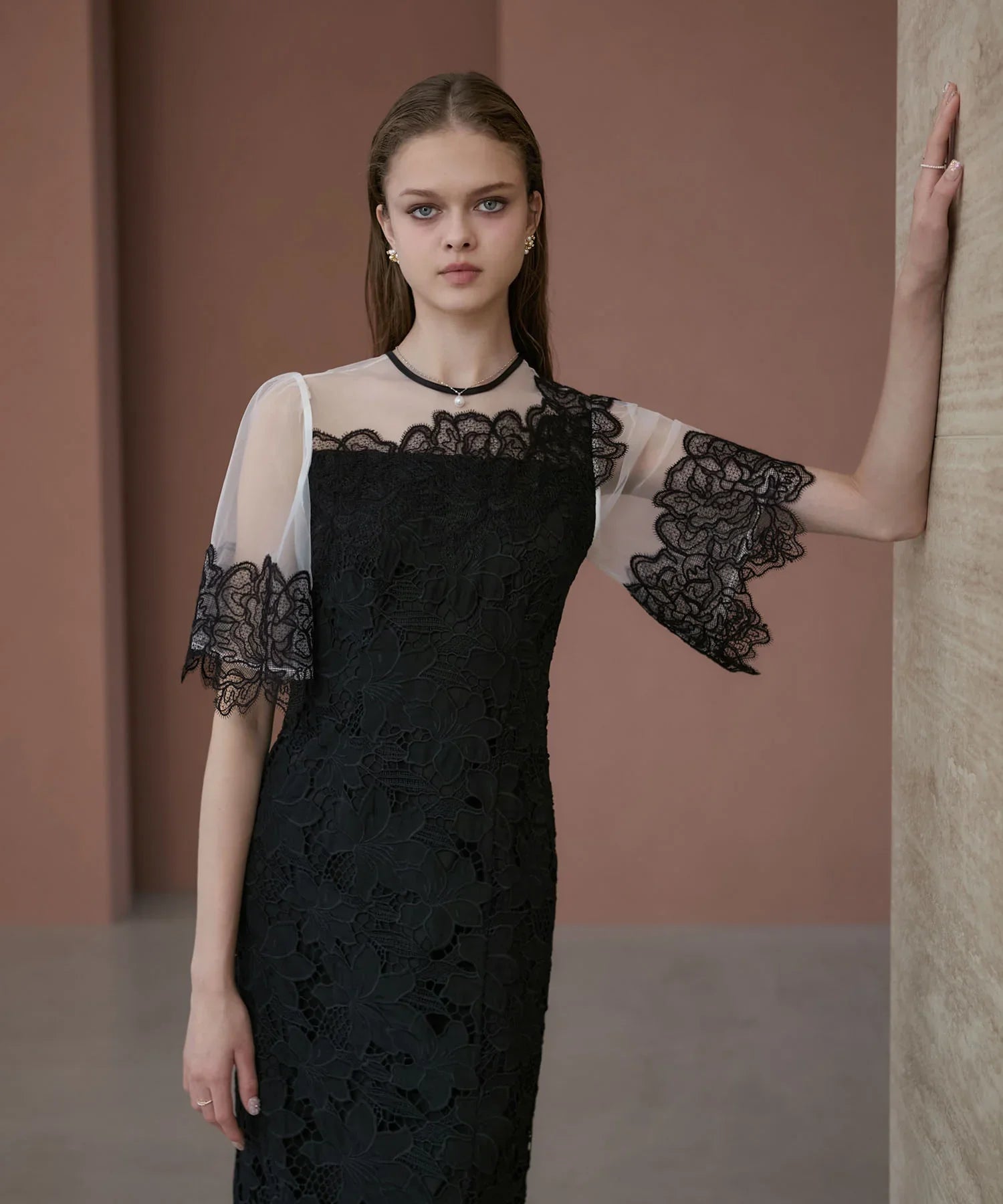 【当日発送】シアーレースフラワーIラインドレス