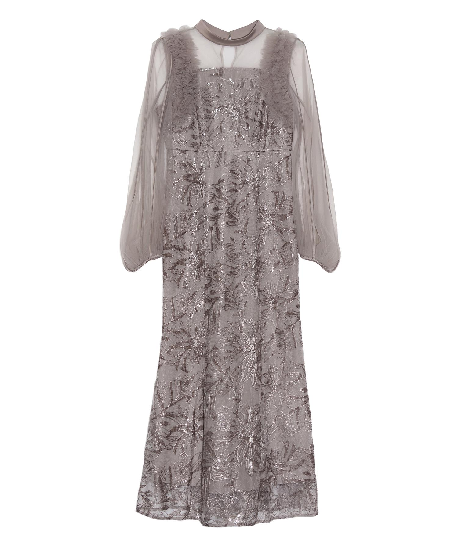 【当日発送】フラワースパンコールチュールフリルロングスリーブマーメイドワンピースドレス