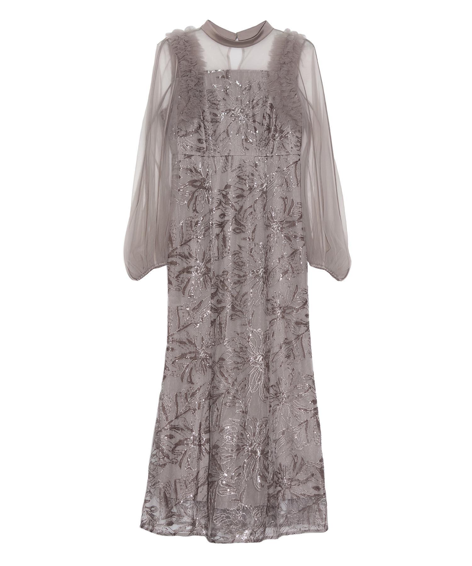 【当日発送】フラワースパンコールチュールフリルロングスリーブマーメイドワンピースドレス