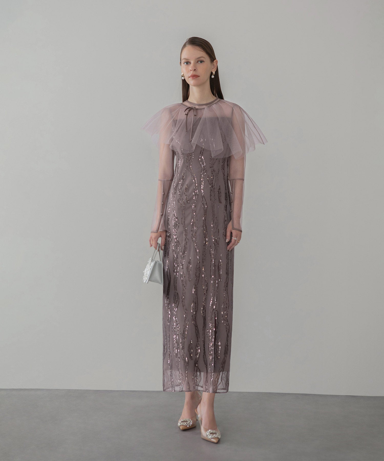 【当日発送】シアーケープスパンコールIラインワンピースドレス