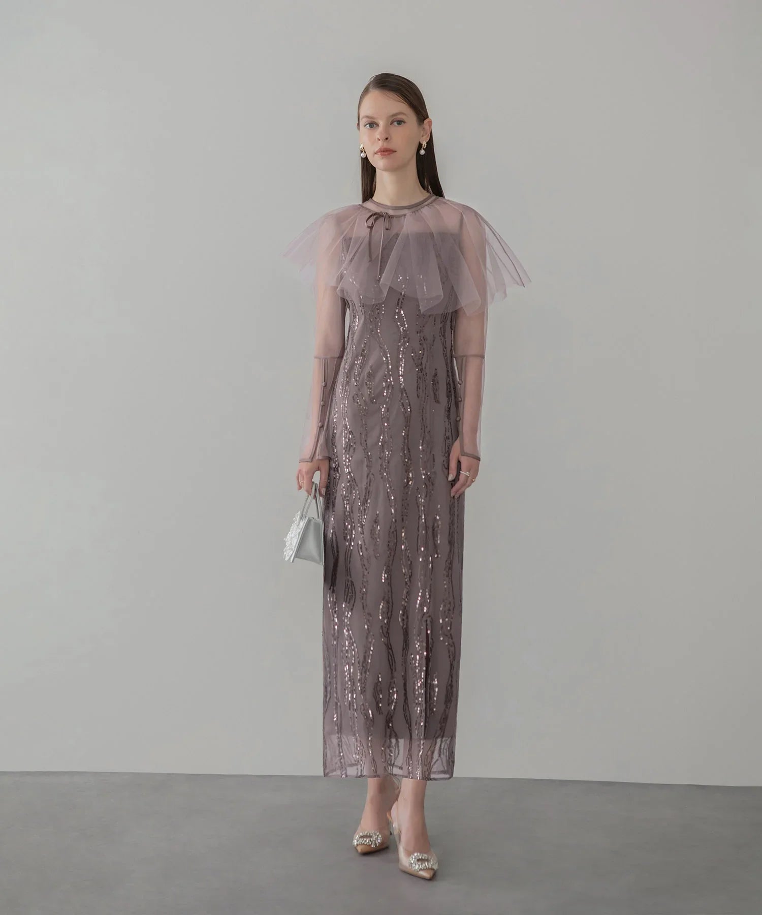 【当日発送】シアーケープスパンコールIラインワンピースドレス