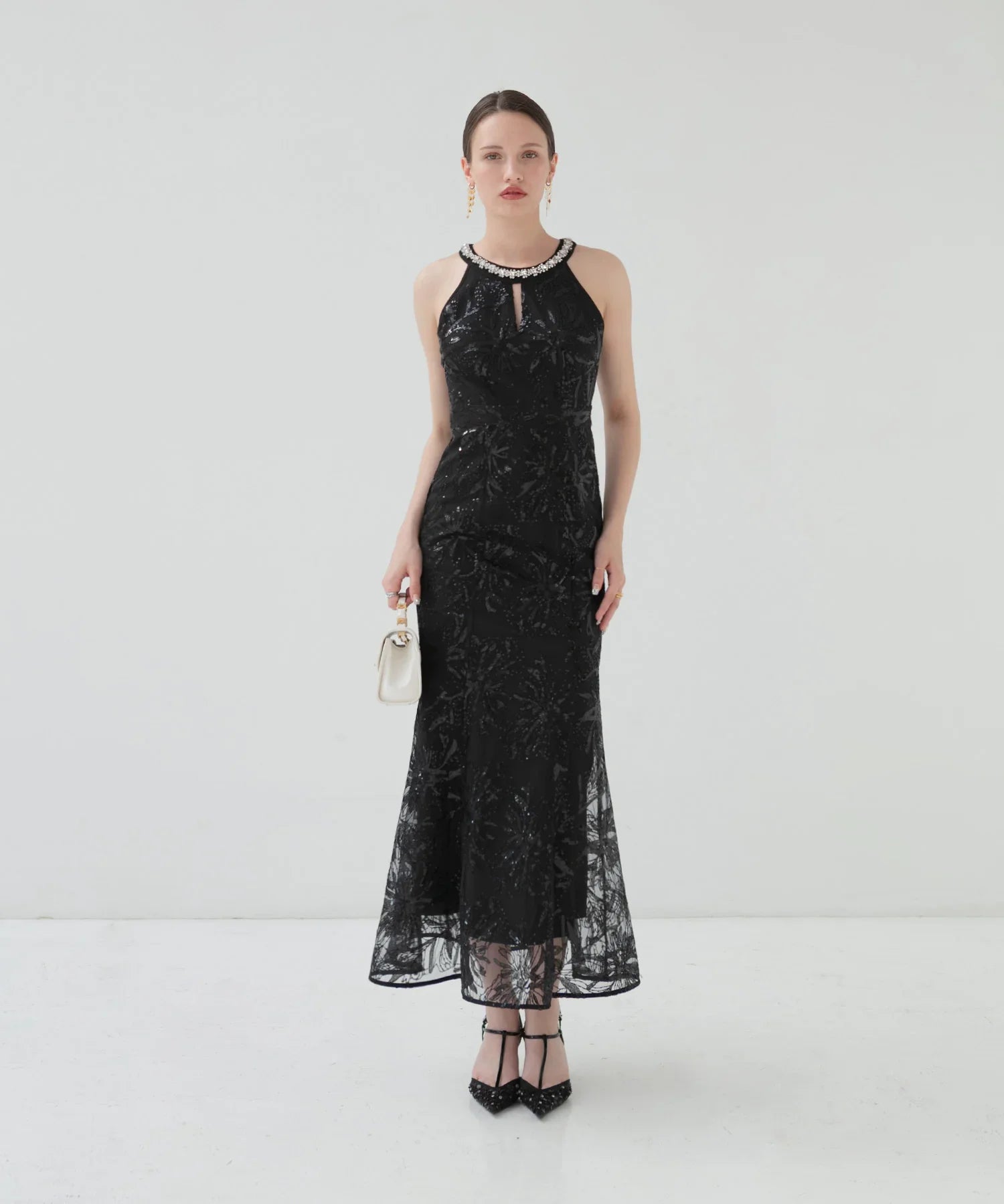 【LEJA LUXE】Beaded halter neck botanical mermaid dress