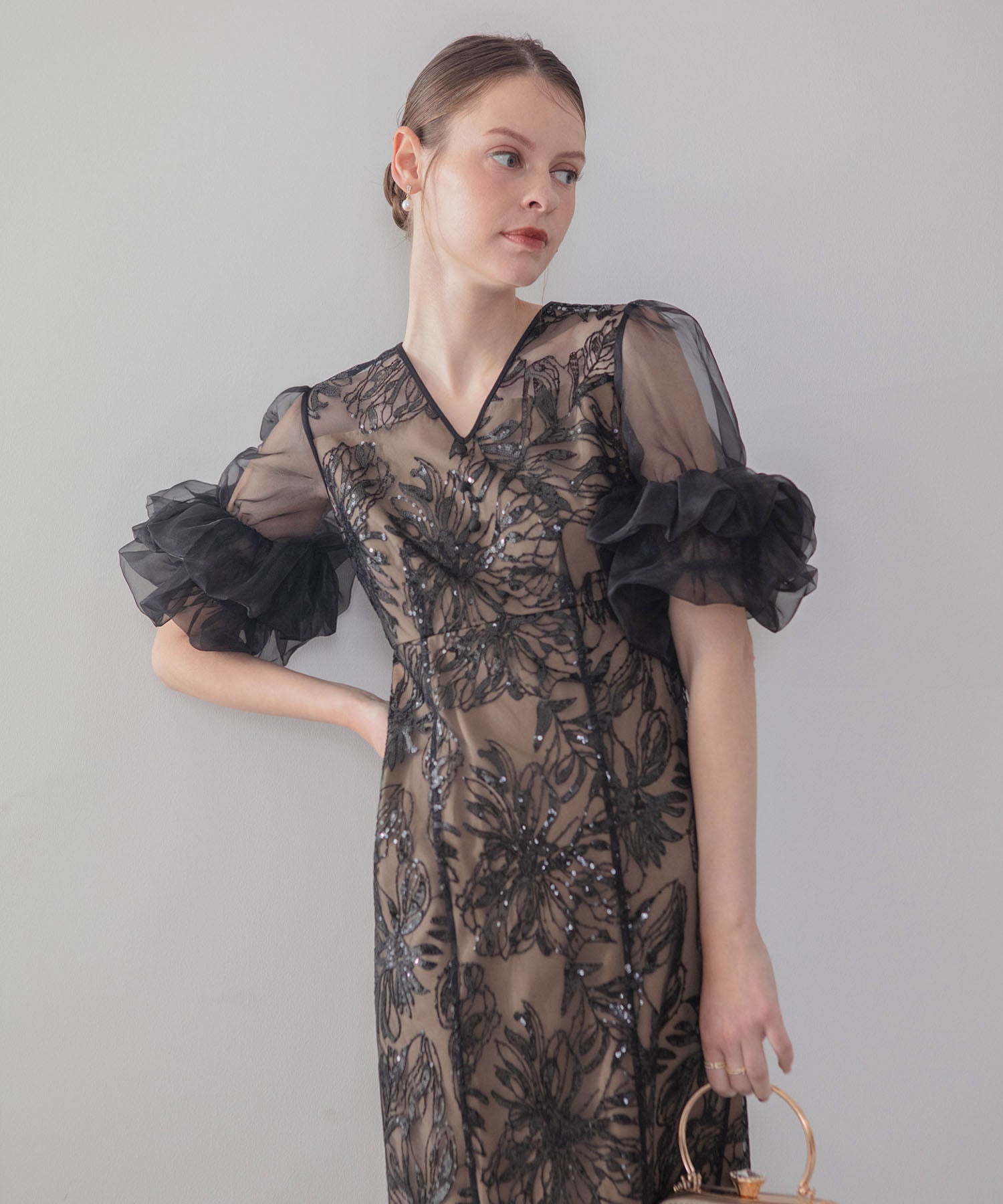 【当日発送】オーガンジーフリルスリーブフラワースパンコールIラインワンピースドレス