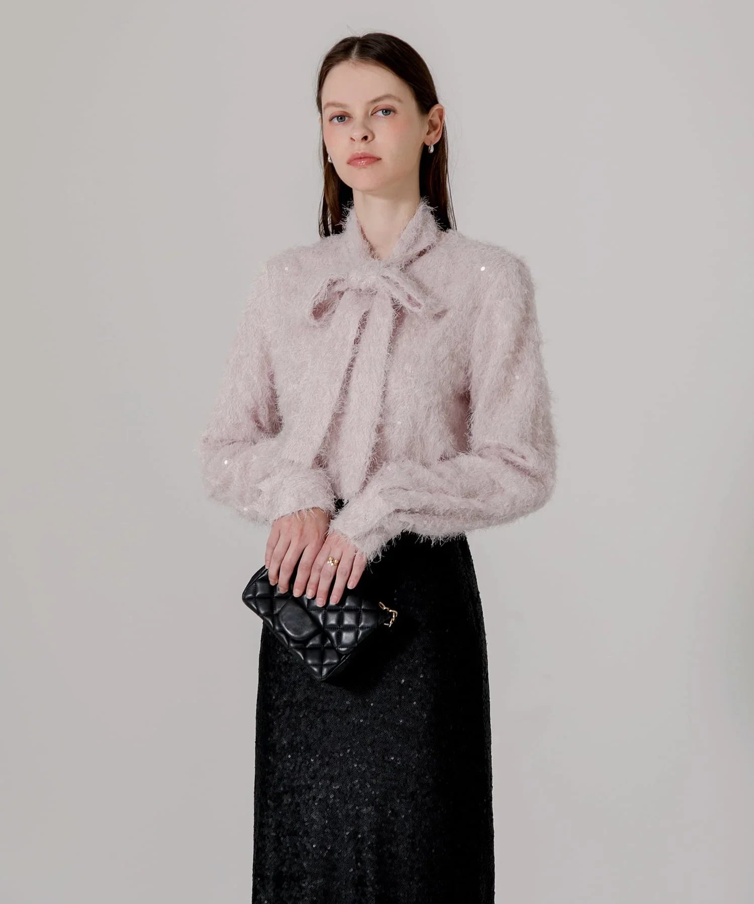 【当日発送】リボン2WAYフェザーファブリックスパンコールブラウス