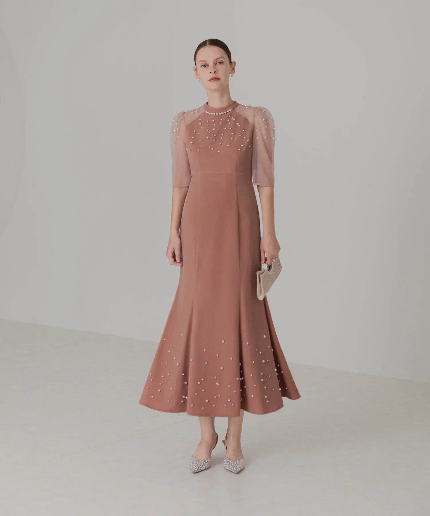 【当日発送】シアースリーブパールビジューベロアマーメイドワンピースドレス