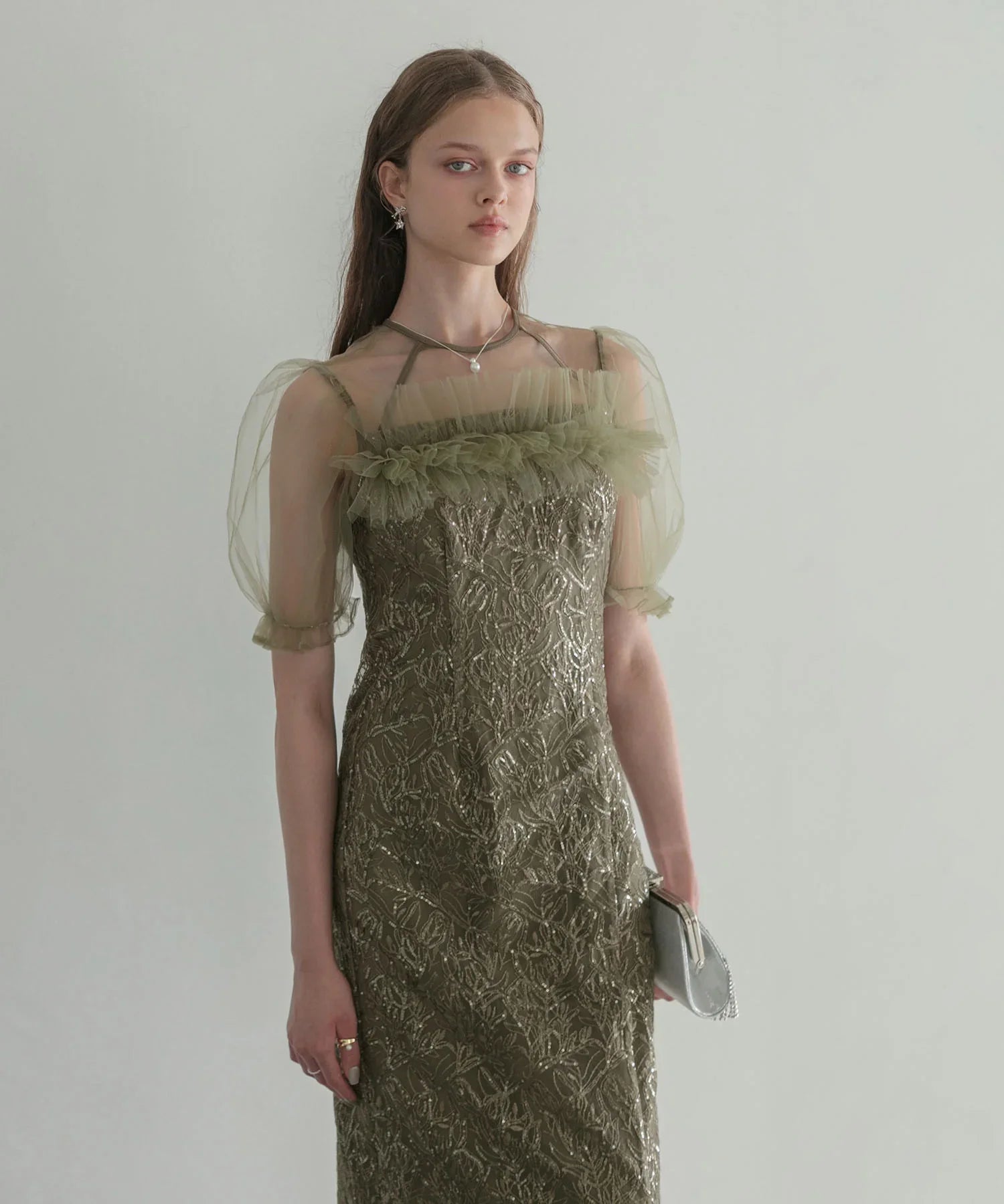 【当日発送】チュールフラワースパンコールIラインワンピースドレス