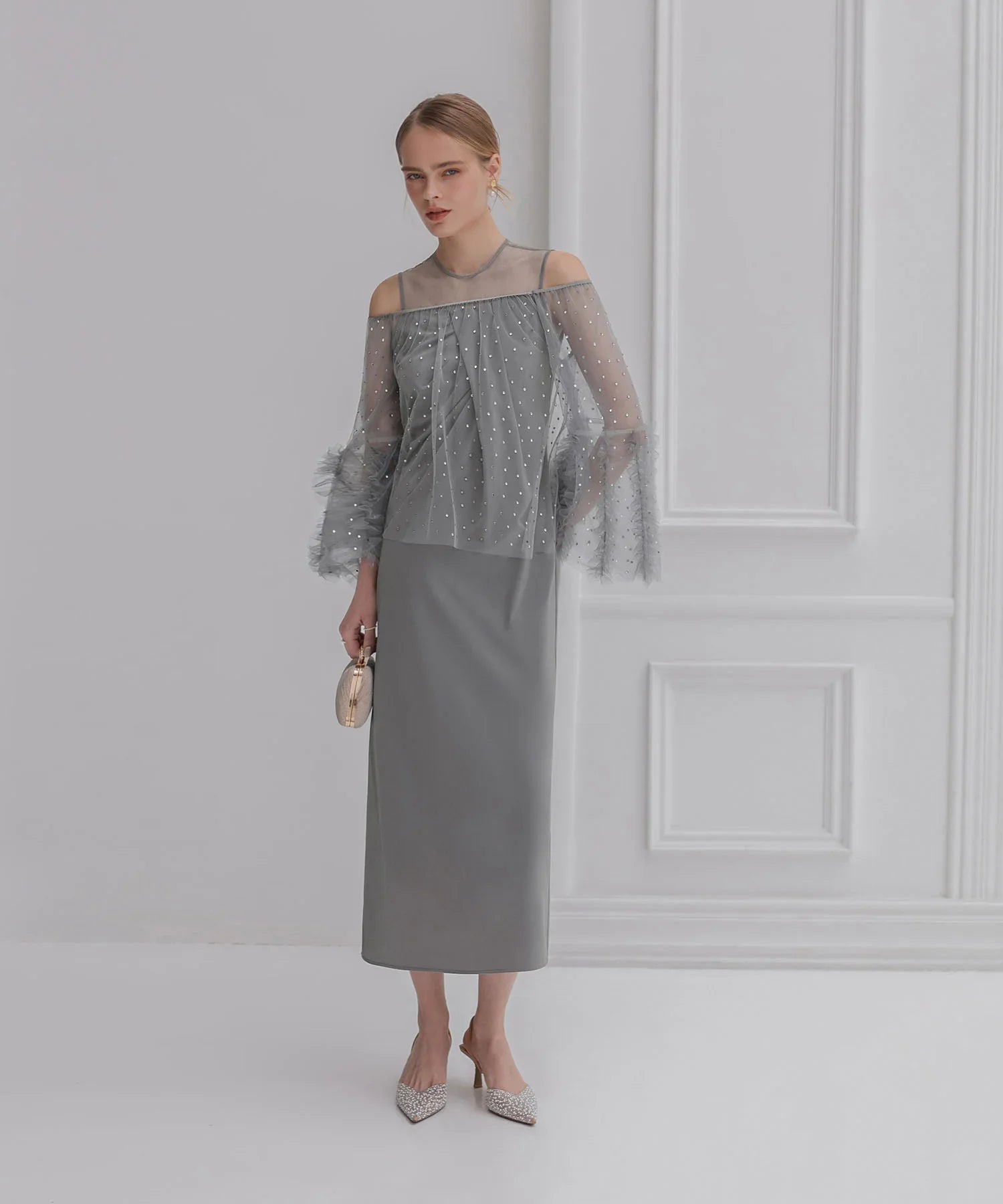 【当日発送】ドットストーンオフショルIラインワンピースドレス