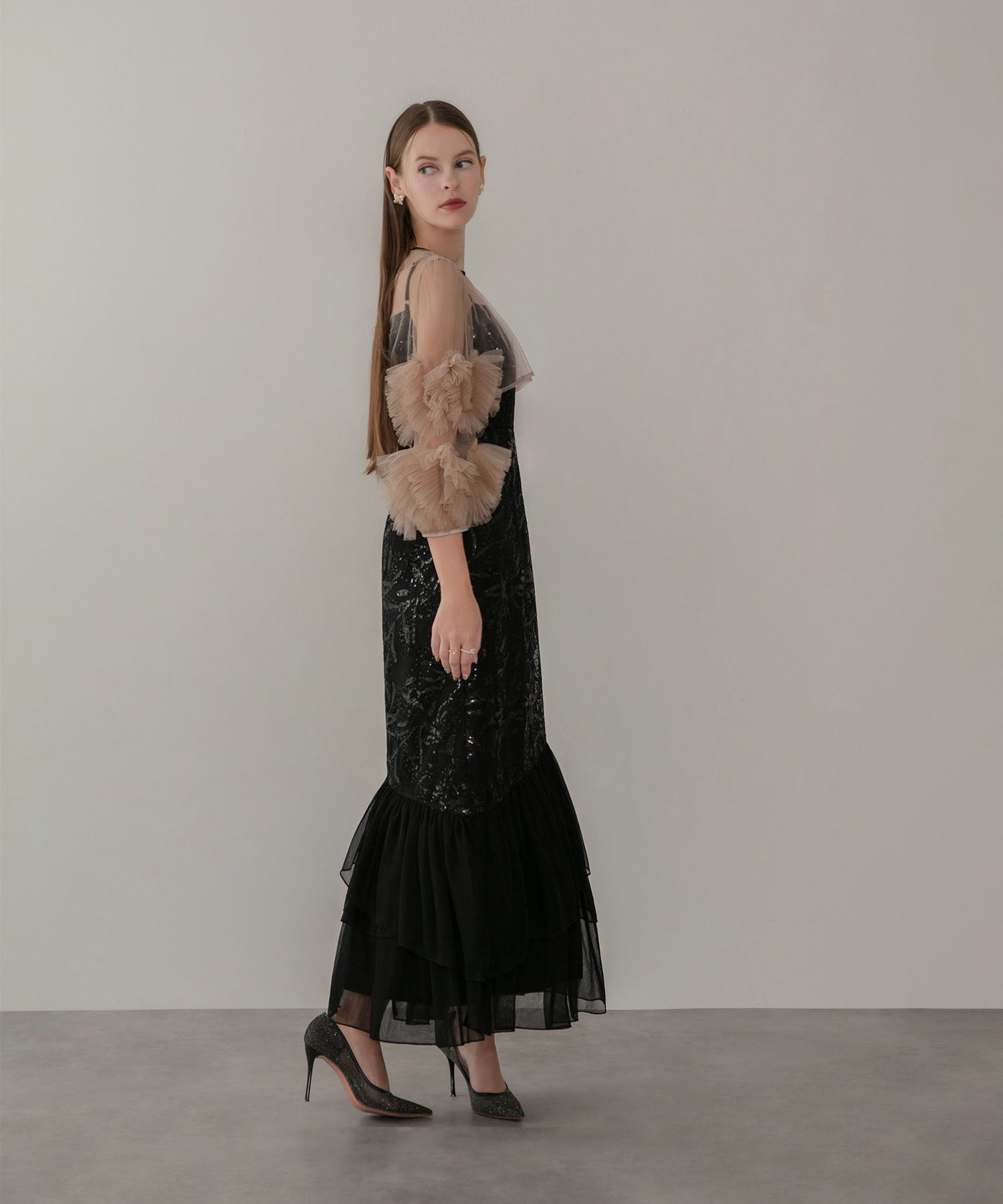 【一部当日発送】フラワースパンコールチュールフリルスリーブIラインワンピースドレス