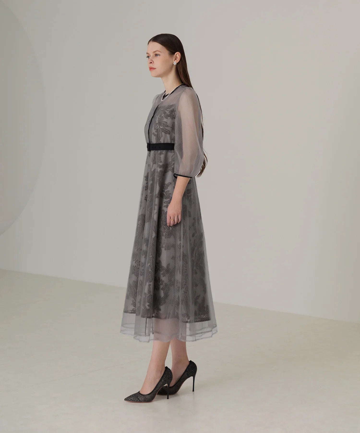 【当日発送】チュールパイピングリーフベルトAラインワンピースドレス