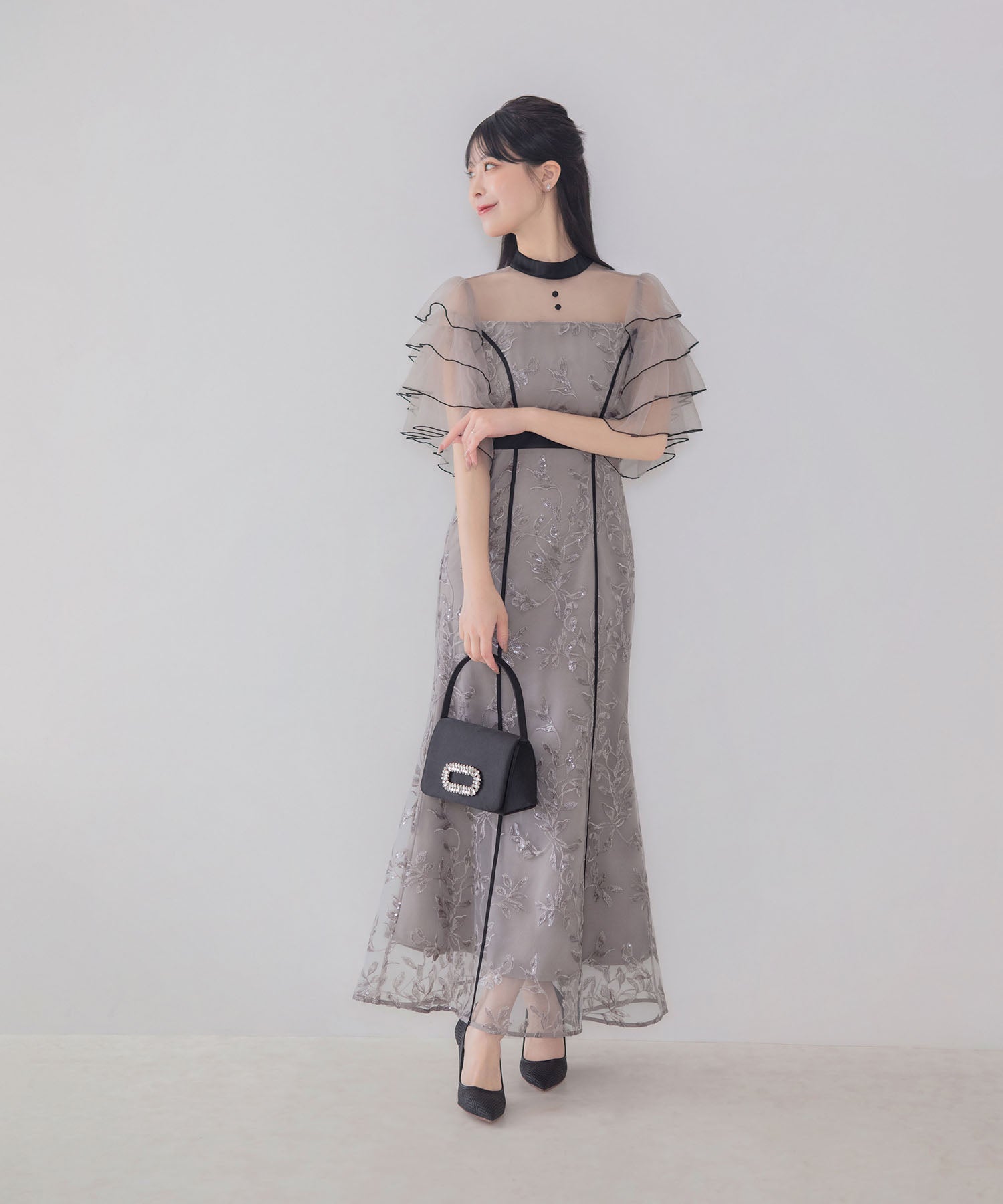 【COMING SOON】ハイネックパイピングシアーチュールスリーブスパンコールリーフマーメイドワンピースドレス