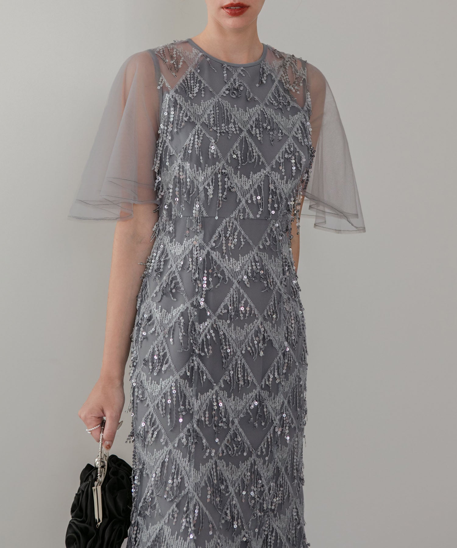 【当日発送】チュールスリーブスパンコールマーメイドワンピースドレス