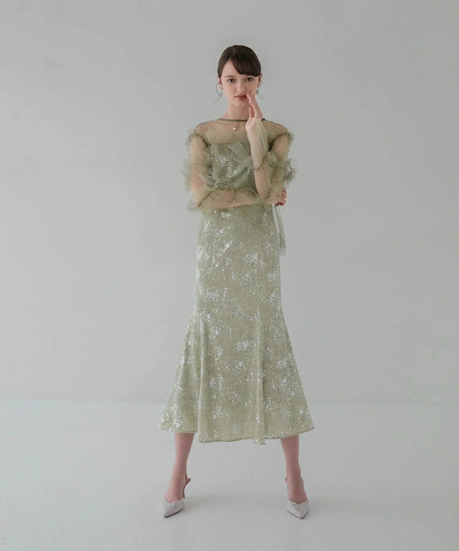 【SOLD OUT】チュールフリルペイントマーメイドワンピースドレス