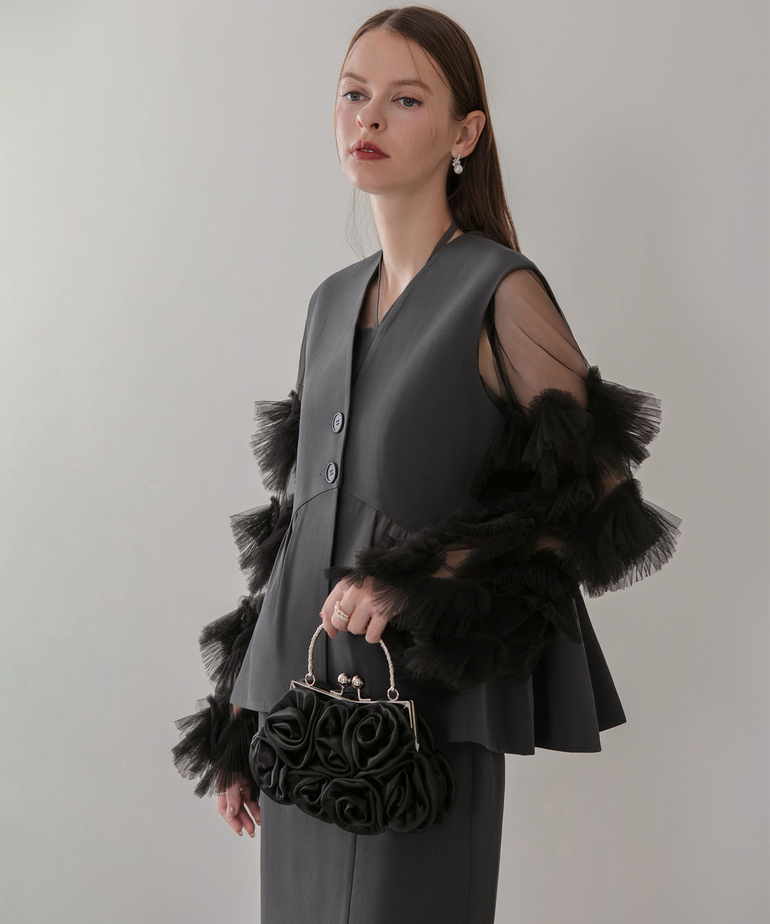 【当日発送】チュールフリルスリーブベストセットワンピースドレス