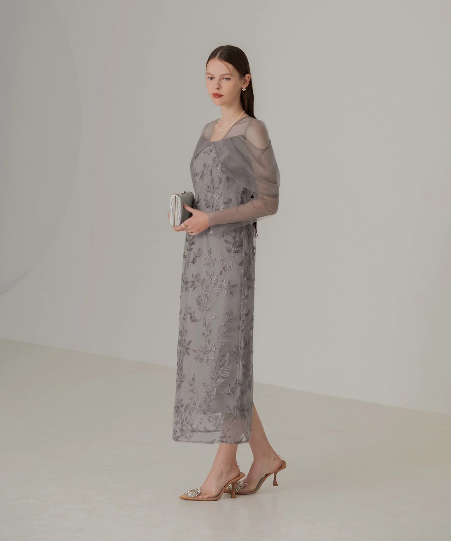 【一部当日発送】チュールロングスリーブリーフIラインワンピースドレス