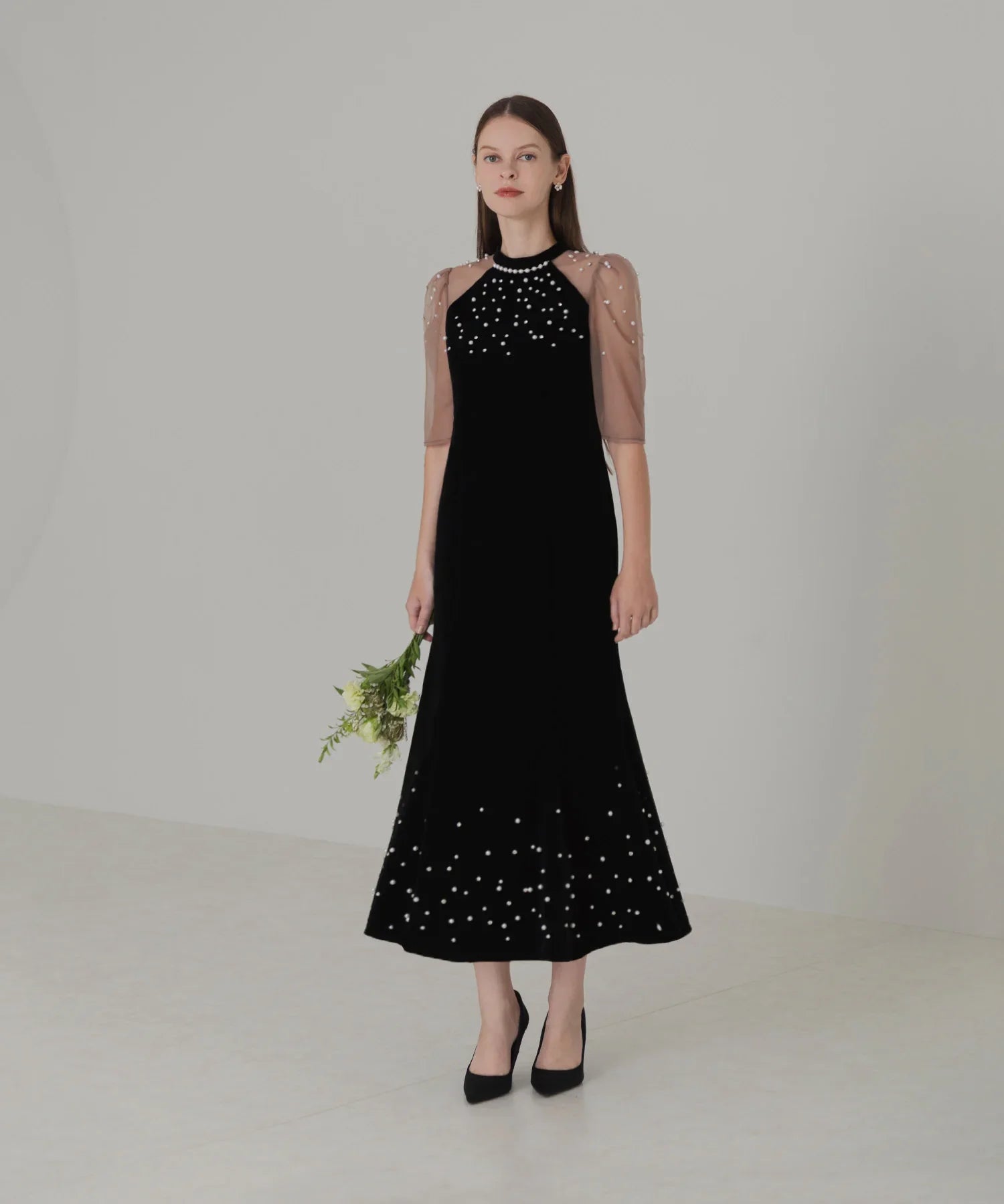 【当日発送】シアースリーブパールビジューベロアマーメイドワンピースドレス