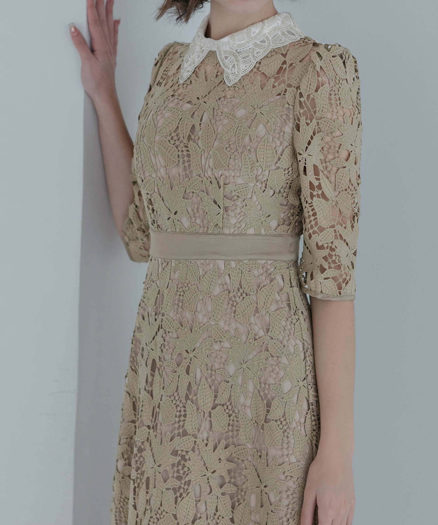 【一部当日発送】花柄レースビジューカラーAラインワンピースドレス