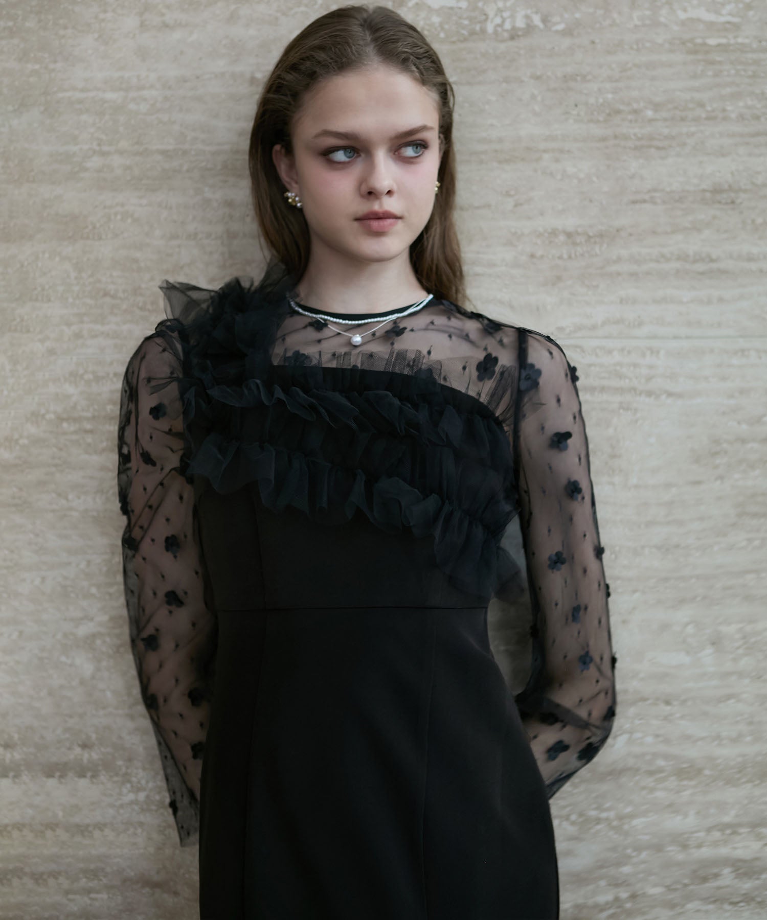 【当日発送】フラワーモチーフアシンメトリーチュールマーメイドワンピースドレス