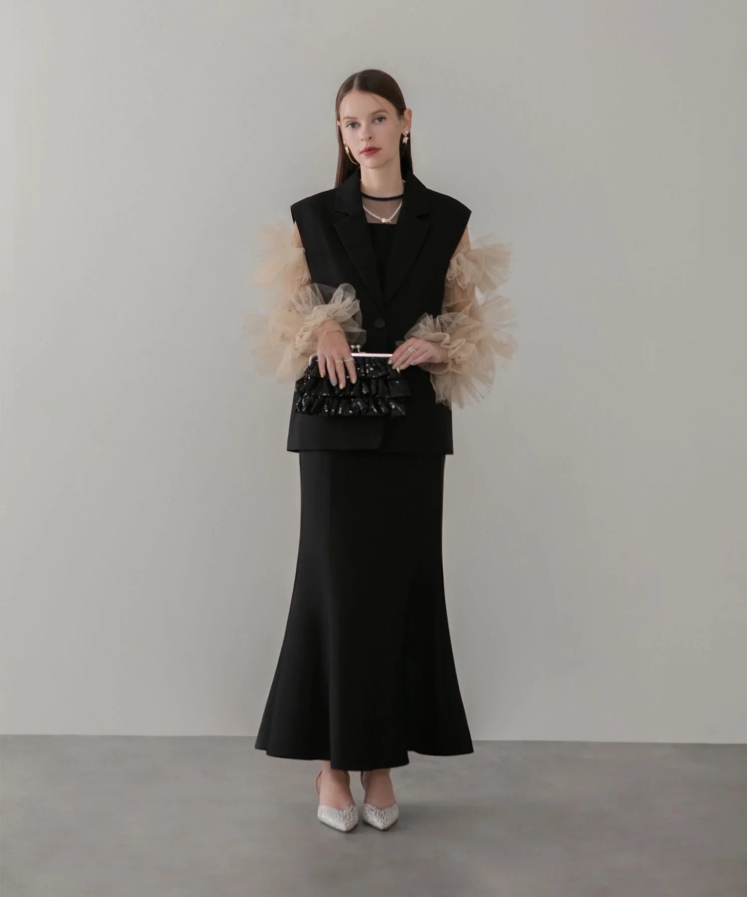 【当日発送】ボリュームチュールスリーブベストセットアップドレス