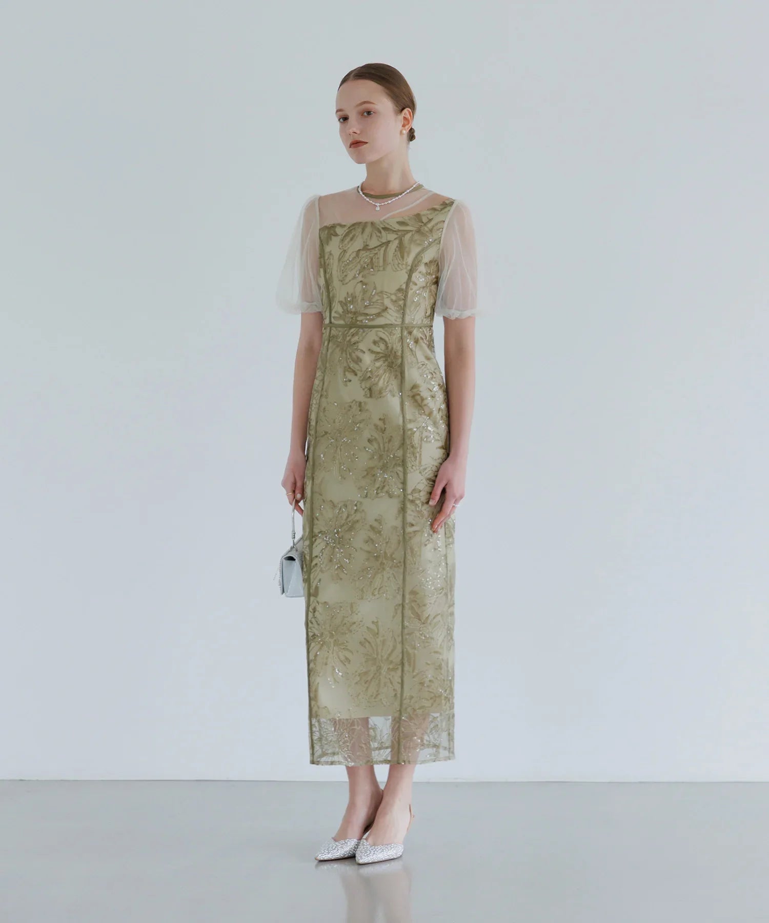 【当日発送】アシンメトリーシアーフラワーワンピースドレス