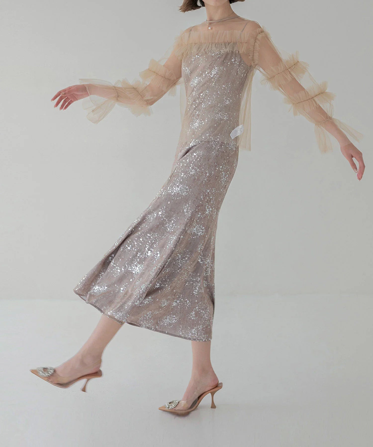 【SOLD OUT】チュールフリルペイントマーメイドワンピースドレス