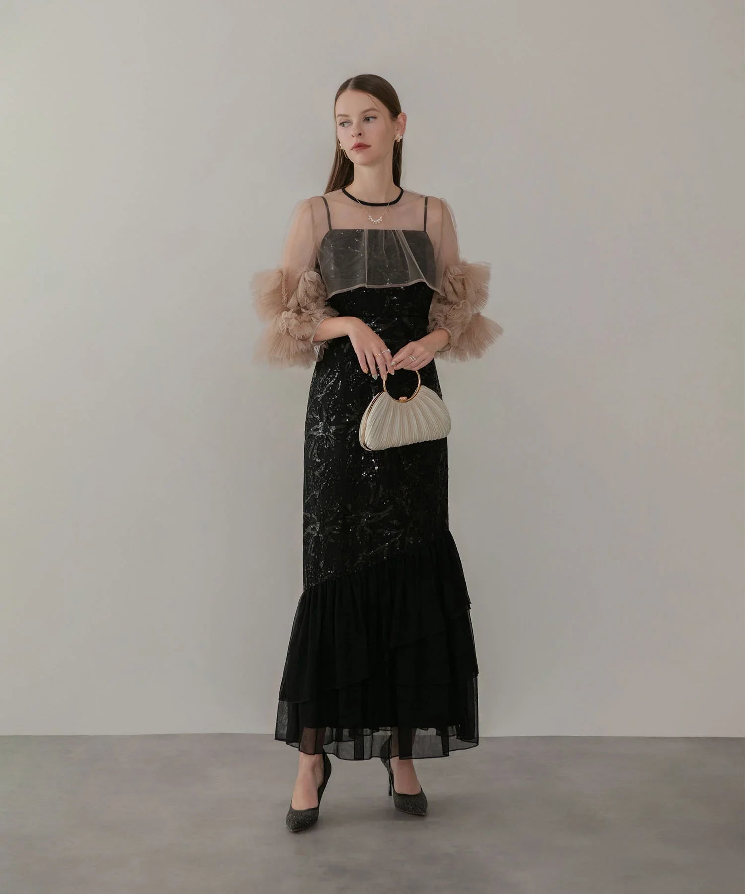 【一部当日発送】フラワースパンコールチュールフリルスリーブIラインワンピースドレス