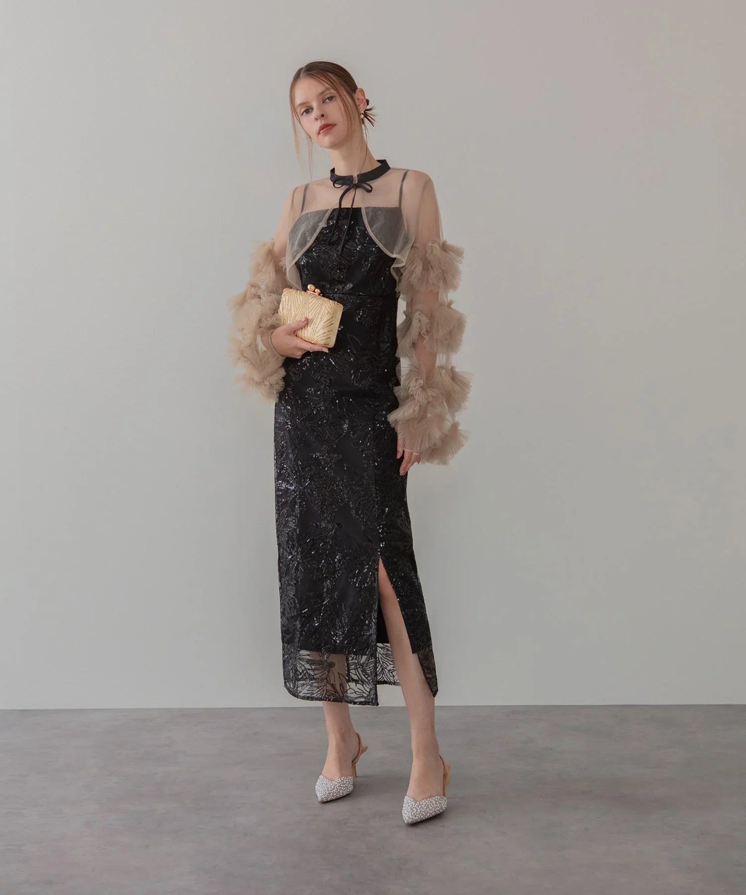 【当日発送】フリルチュールスリーブリボンIラインワンピースドレス