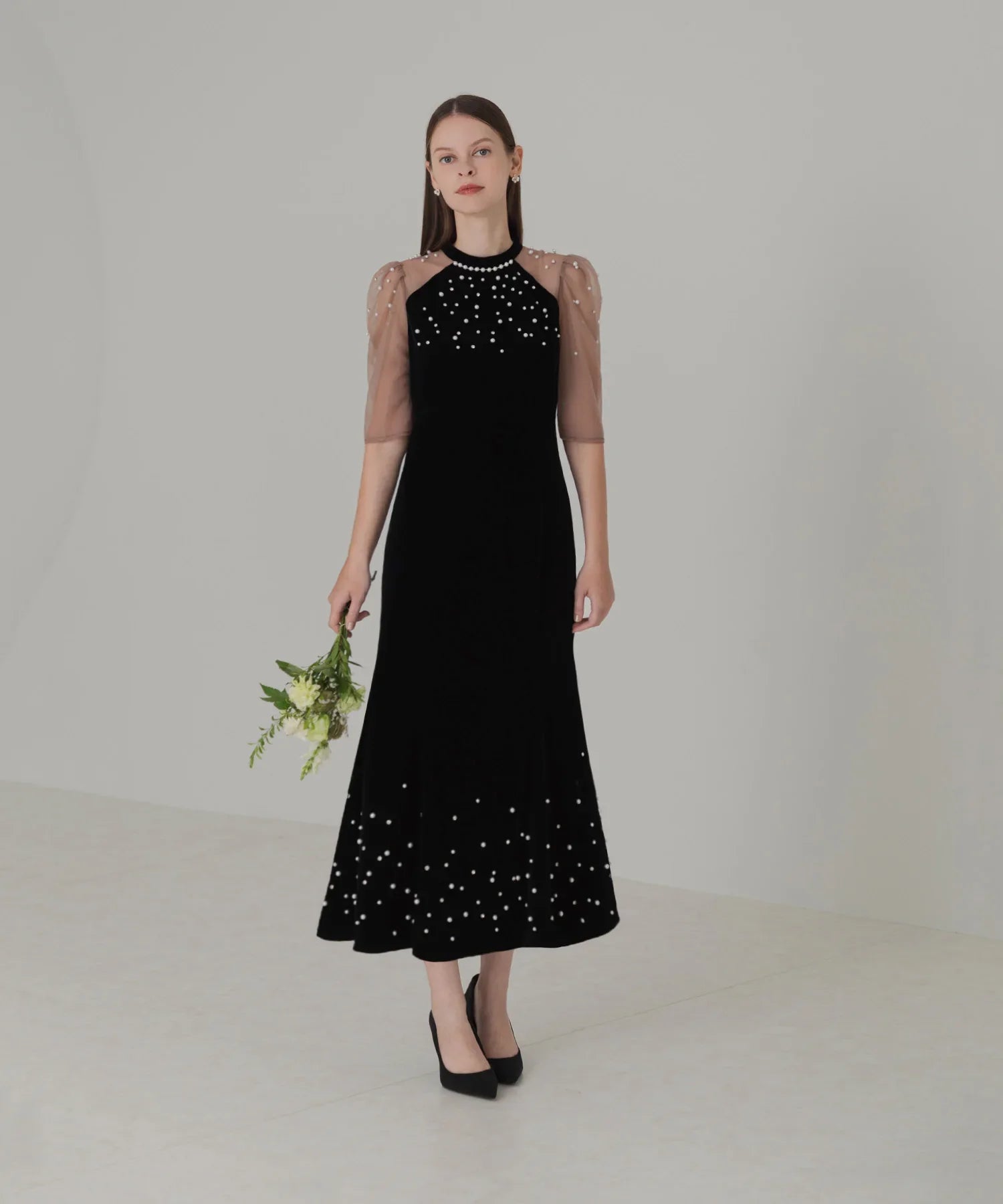 【当日発送】シアースリーブパールビジューベロアマーメイドワンピースドレス