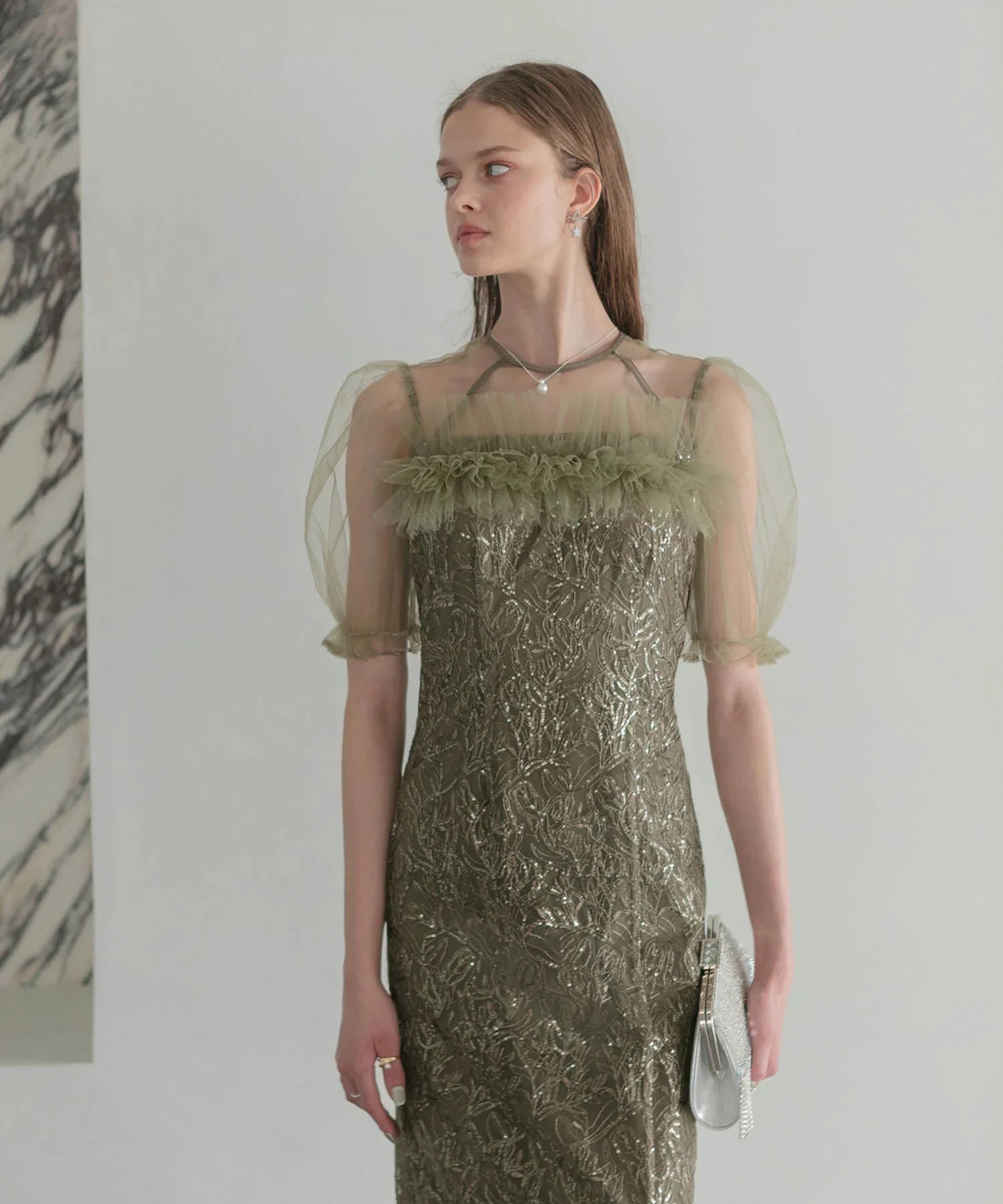 【当日発送】チュールフラワースパンコールIラインワンピースドレス