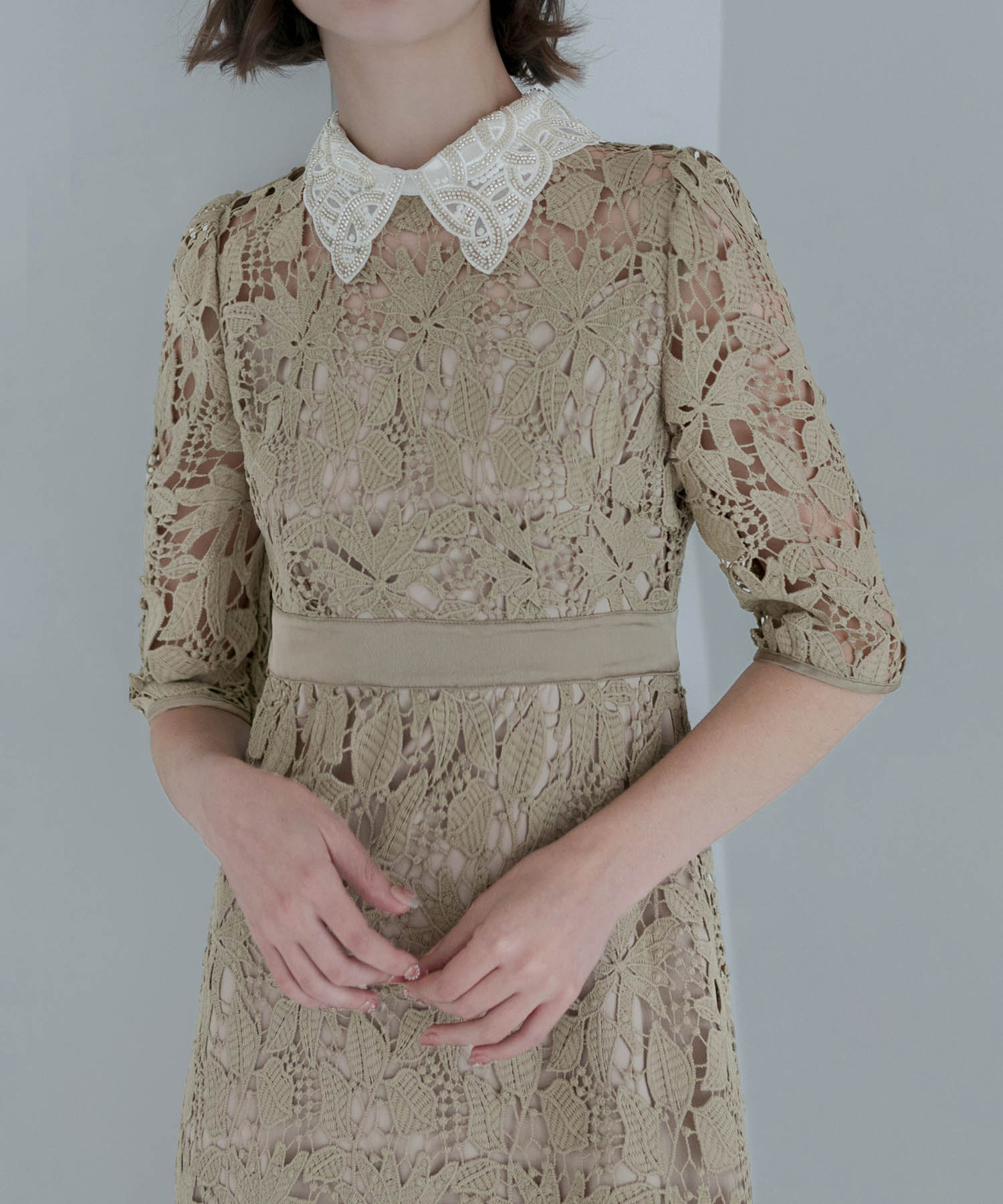 【一部当日発送】花柄レースビジューカラーAラインワンピースドレス