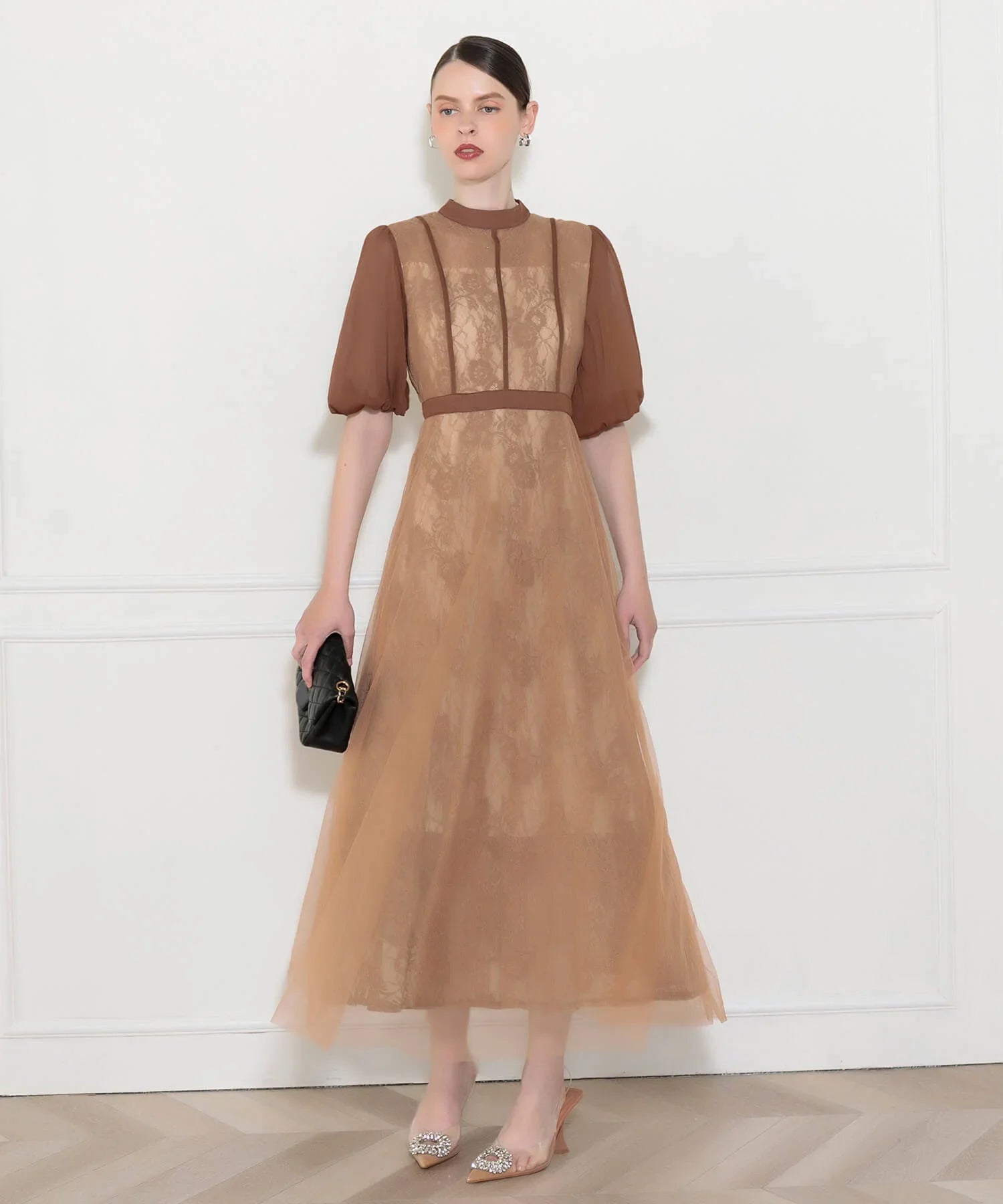 【當天出貨】高腰薄紗蕾絲A字連身裙