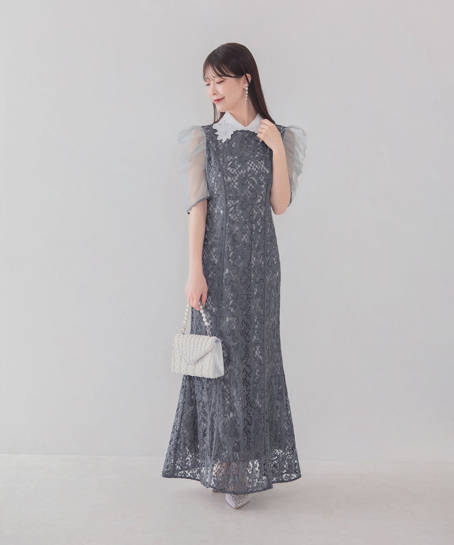 【COMING SOON】フラワーカラーパイピングスパンコールマーメイドワンピースドレス
