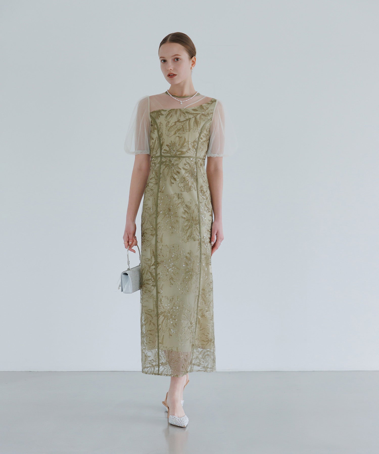 【当日発送】アシンメトリーシアーフラワーワンピースドレス