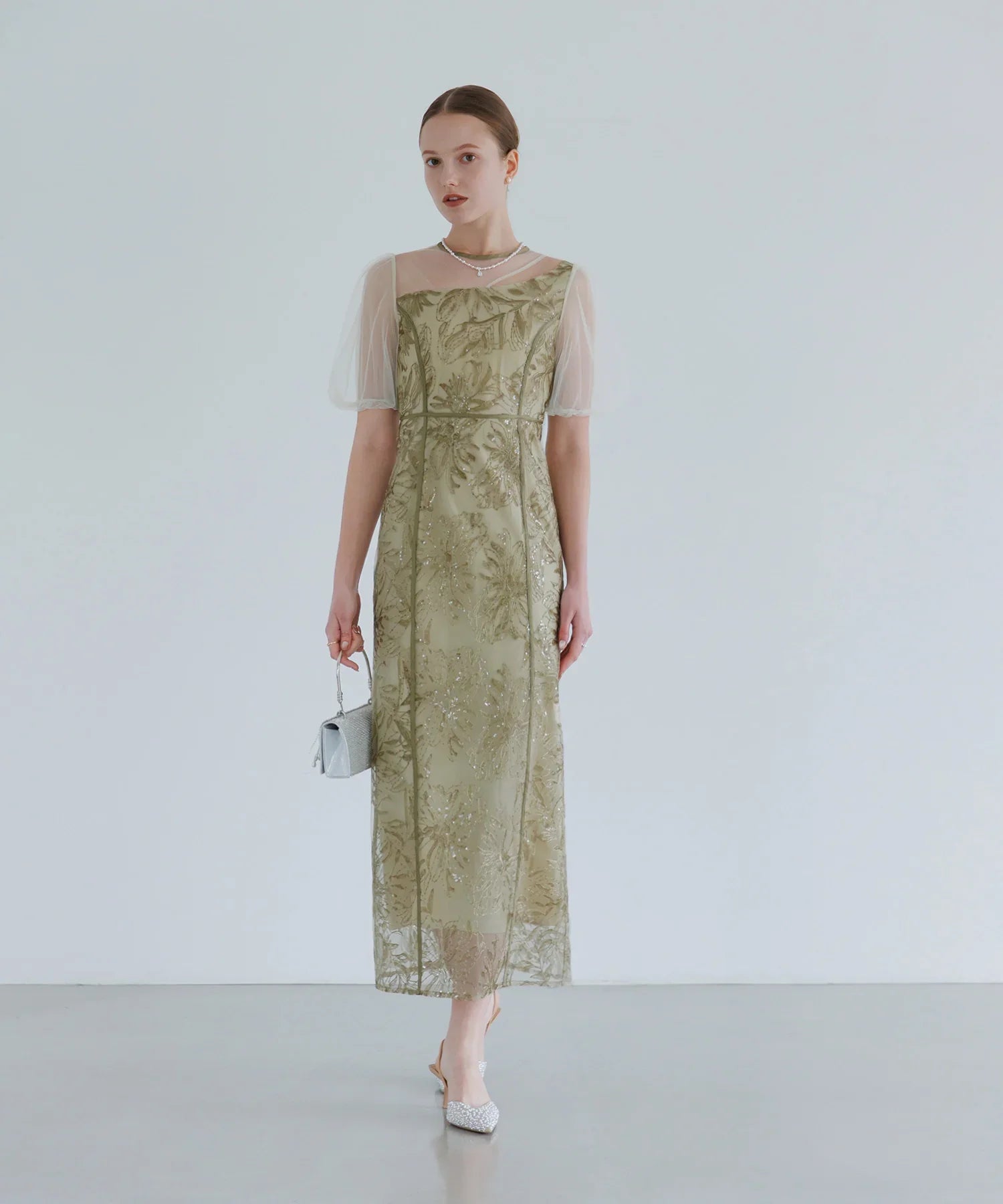 【当日発送】アシンメトリーシアーフラワーワンピースドレス