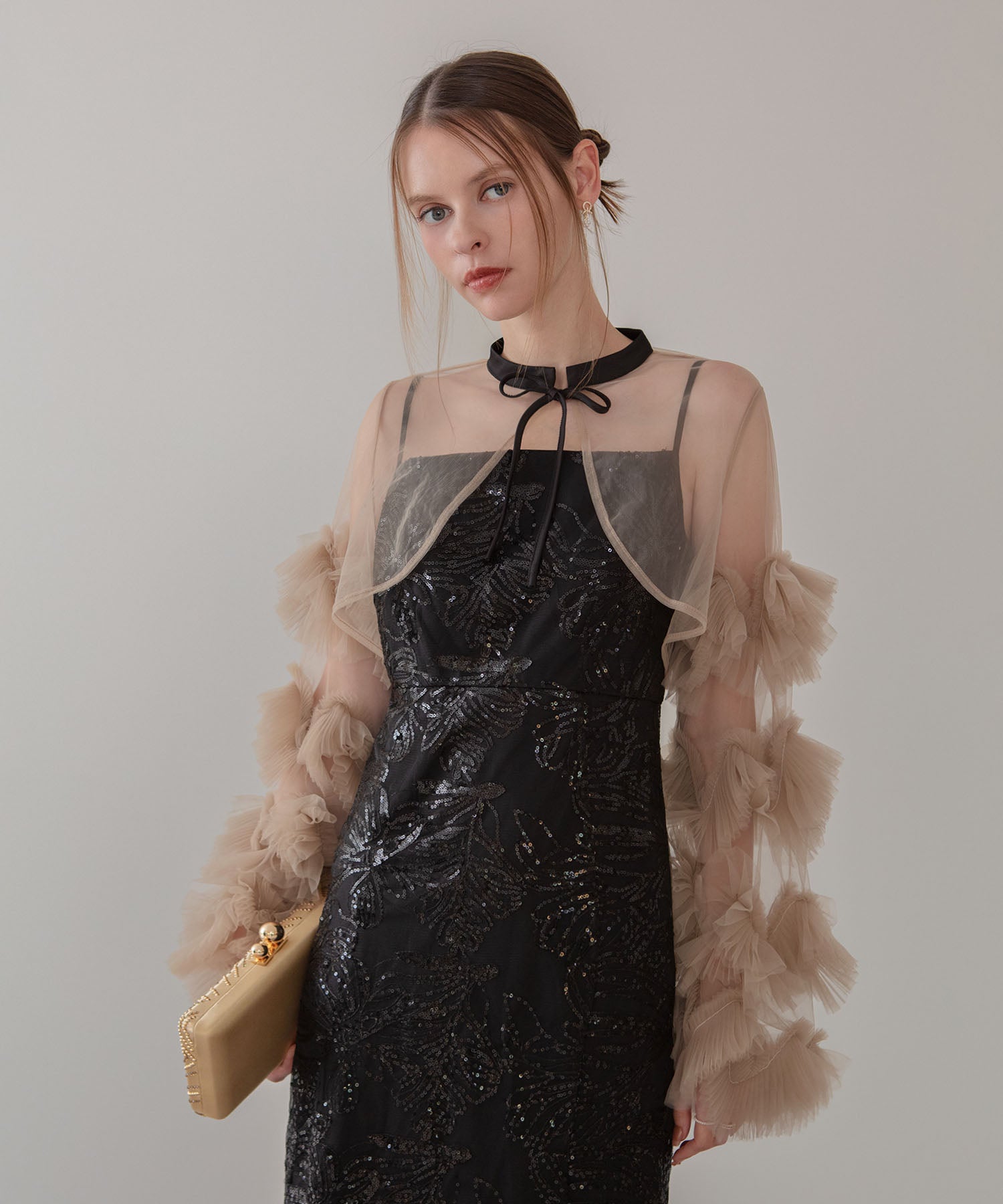 【一部当日発送】フリルチュールスリーブリボンIラインワンピースドレス