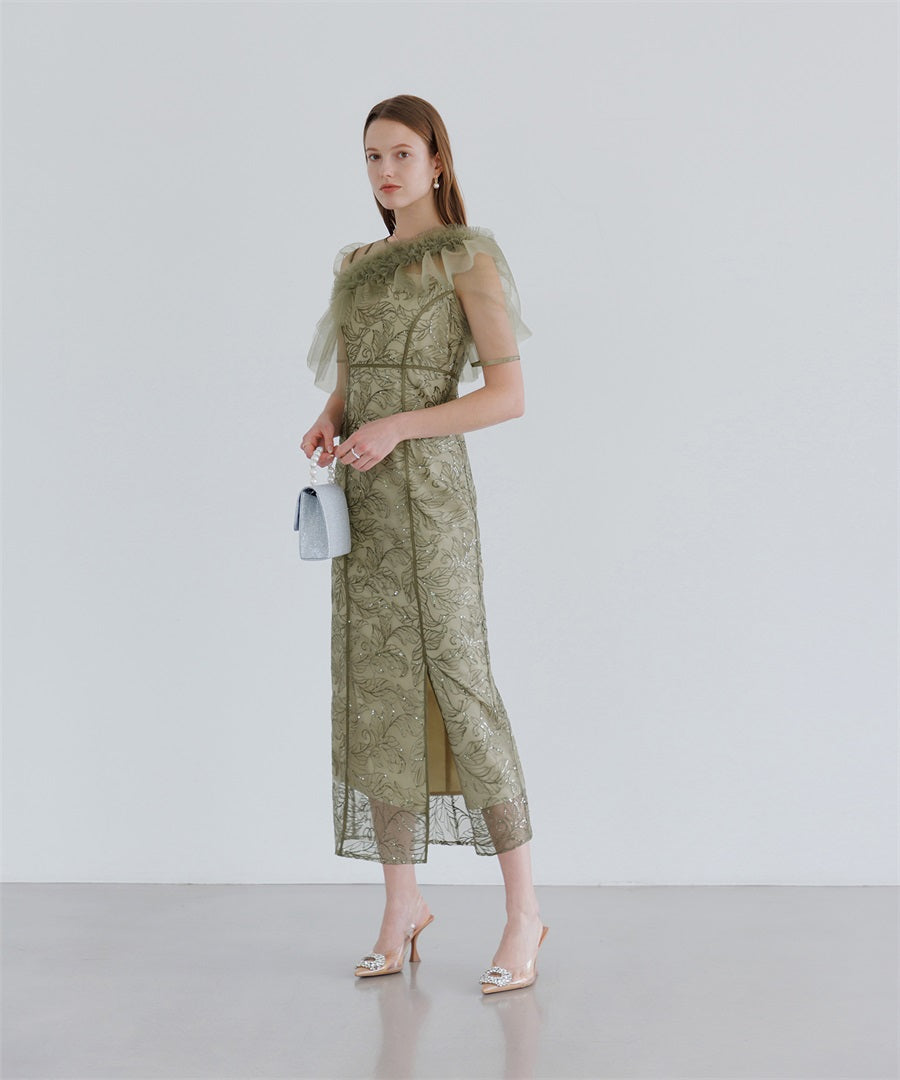 【当日発送】3WAYフラワーチュールアシンメトリーIラインワンピースドレス