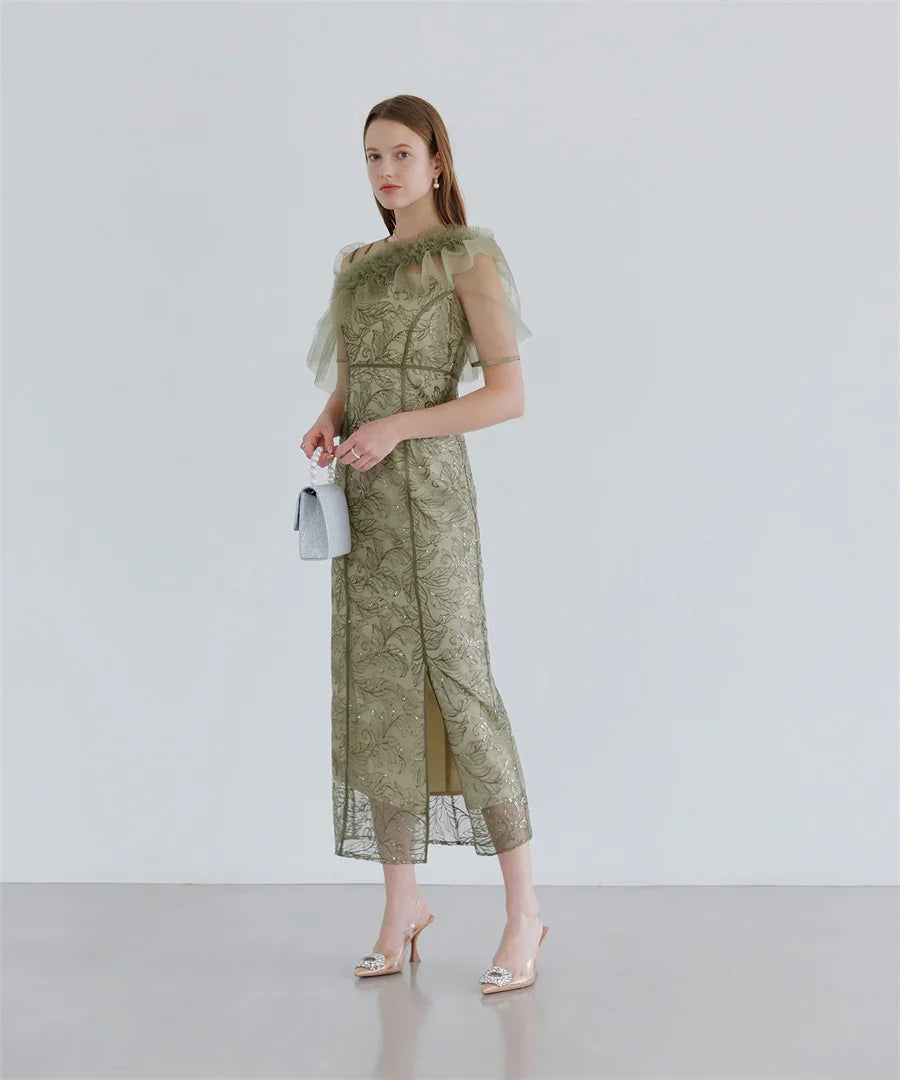 【当日発送】3WAYフラワーチュールアシンメトリーIラインワンピースドレス