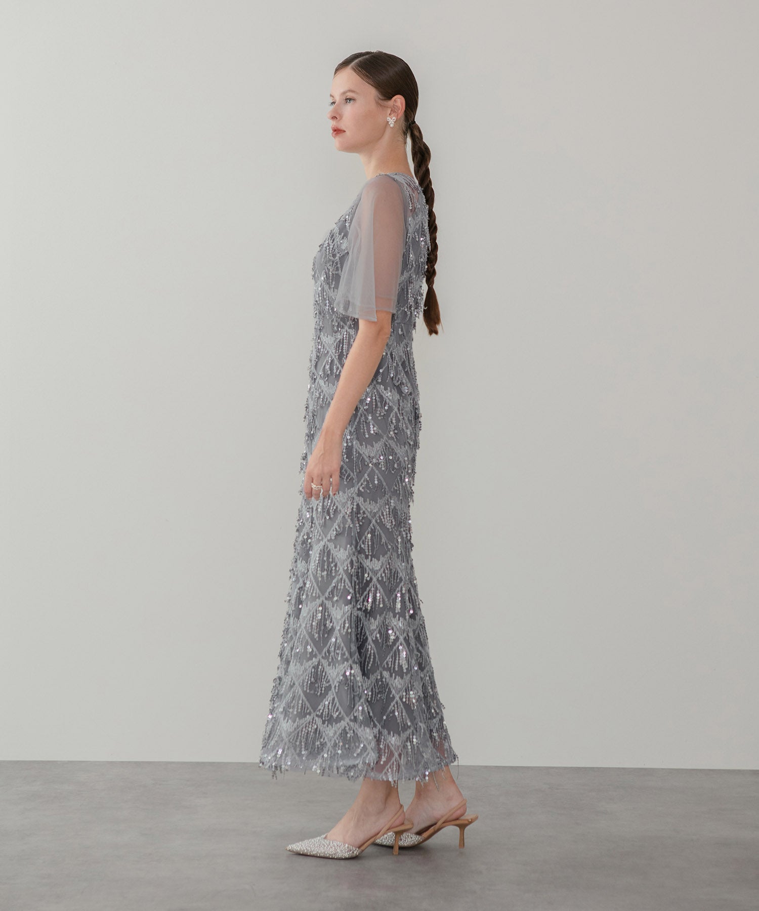 【当日発送】チュールスリーブスパンコールマーメイドワンピースドレス