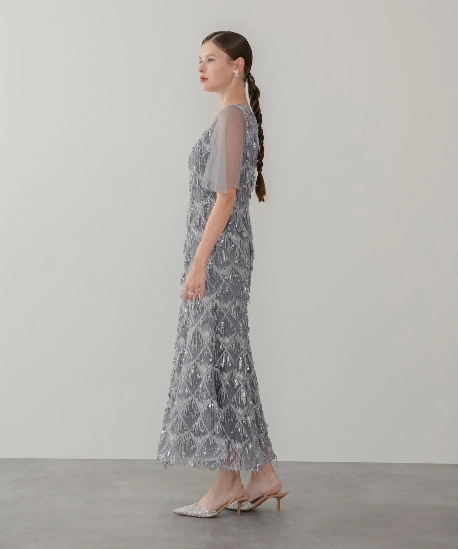 【当日発送】チュールスリーブスパンコールマーメイドワンピースドレス