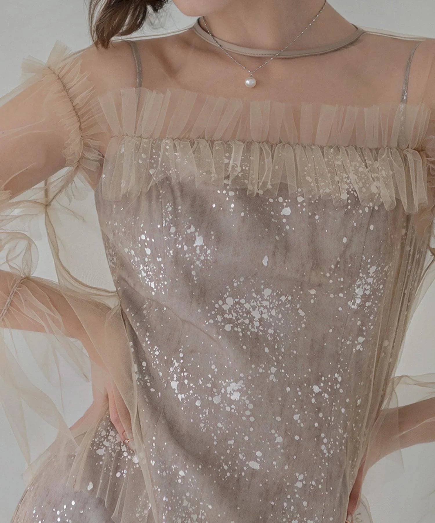 【SOLD OUT】チュールフリルペイントマーメイドワンピースドレス