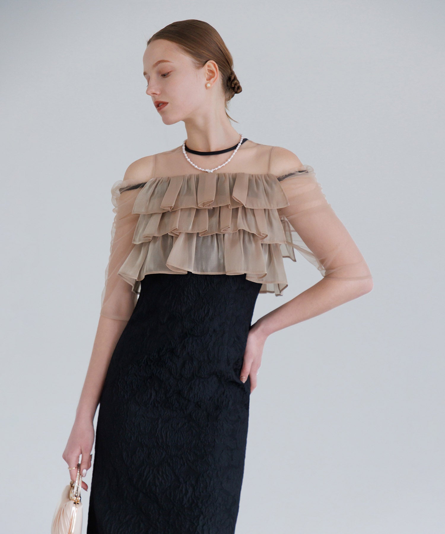 【当日発送】3WAYティアードフリルジャガードIラインワンピースドレス