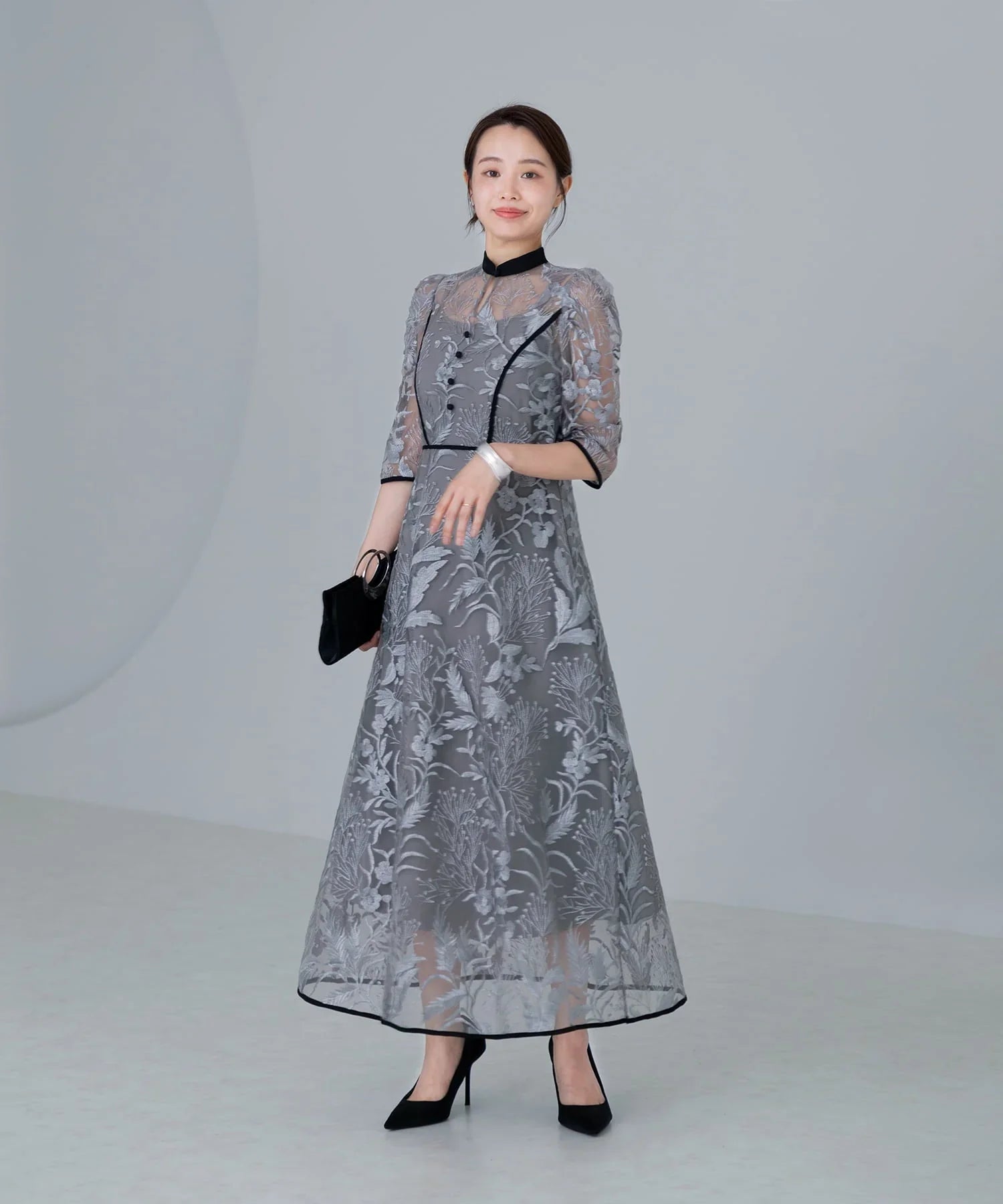 【当日発送】花柄チュールパフスリーブワンピースドレス