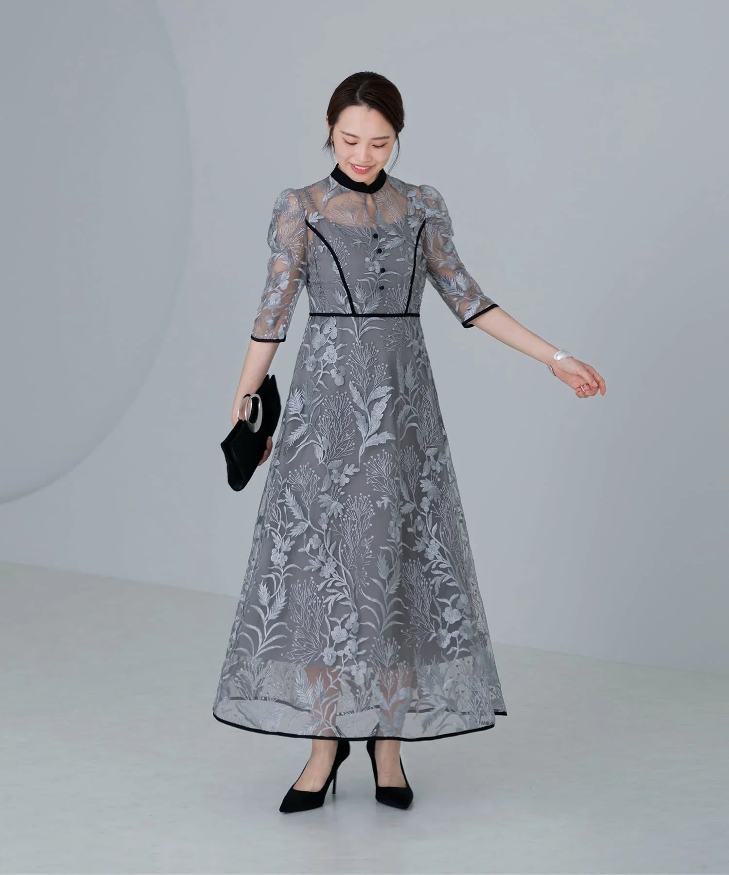 【当日発送】花柄チュールパフスリーブワンピースドレス